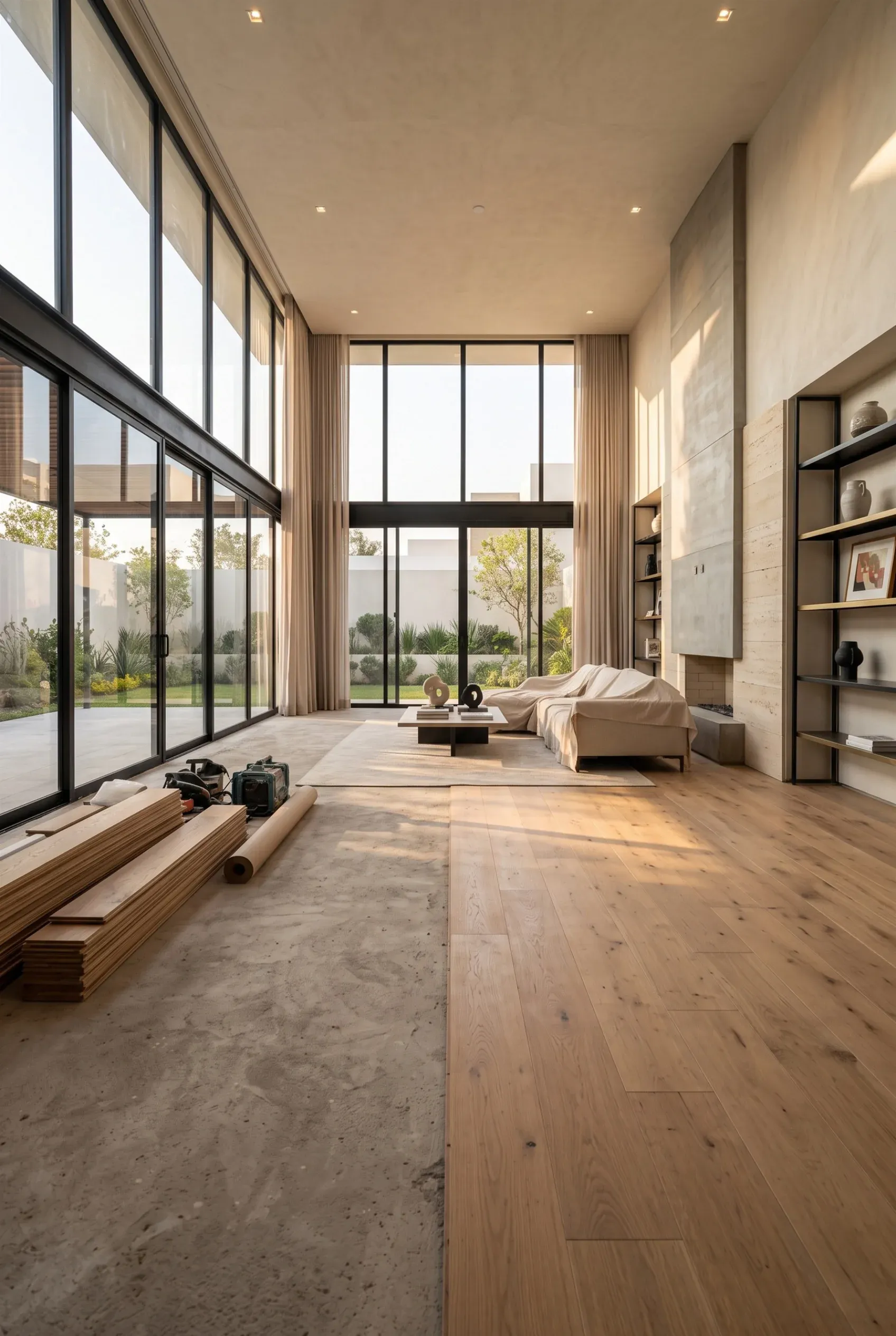 Vista de una inspecci&oacute;n de instalaci&oacute;n de pisos de madera, revisi&oacute;n de la preparaci&oacute;n del contrapiso y evaluaci&oacute;n del progreso de acabados interiores, representando la artesan&iacute;a en pisos y la calidad de ejecuci&oacute;n de RBA Residences en Zapopan.