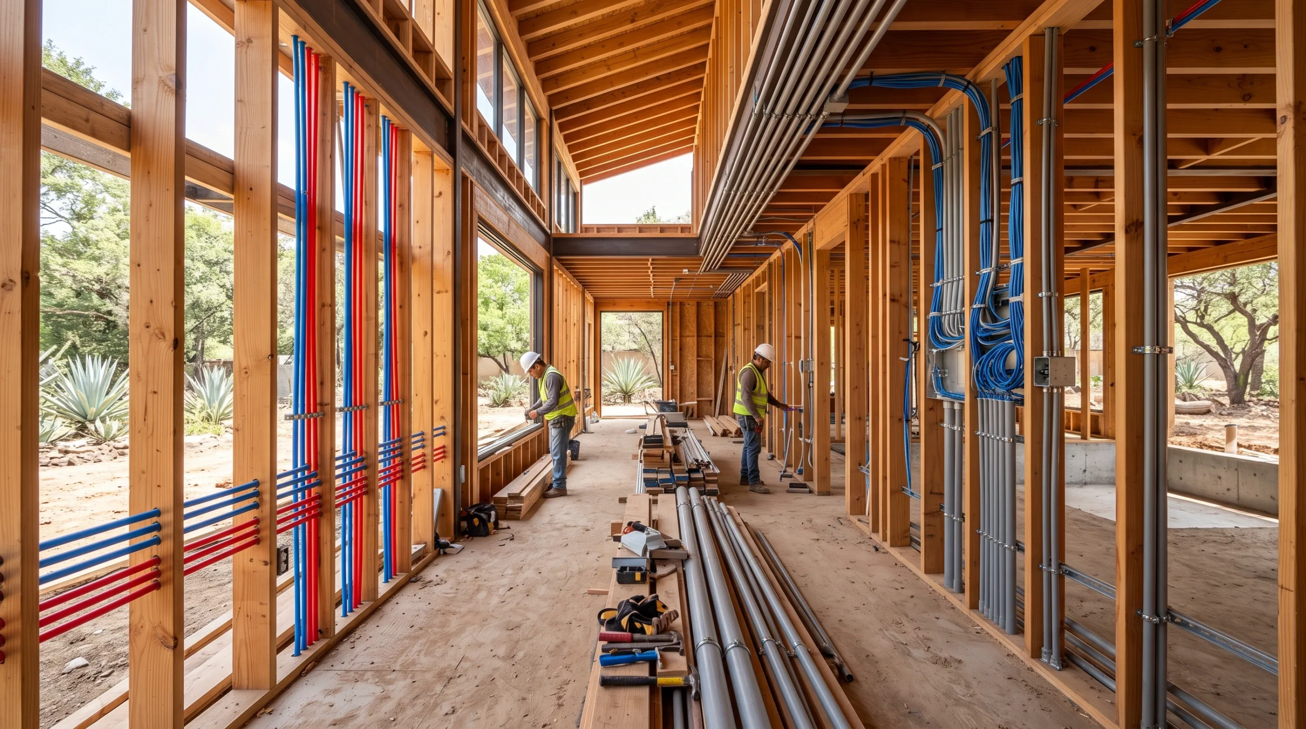Trabajadores instalando tuberías de agua PEX y conductos eléctricos dentro de los montantes de madera expuestos en un sitio de construcción de casa moderna de lujo, integración de servicios de RBA Residences en Zapopan.