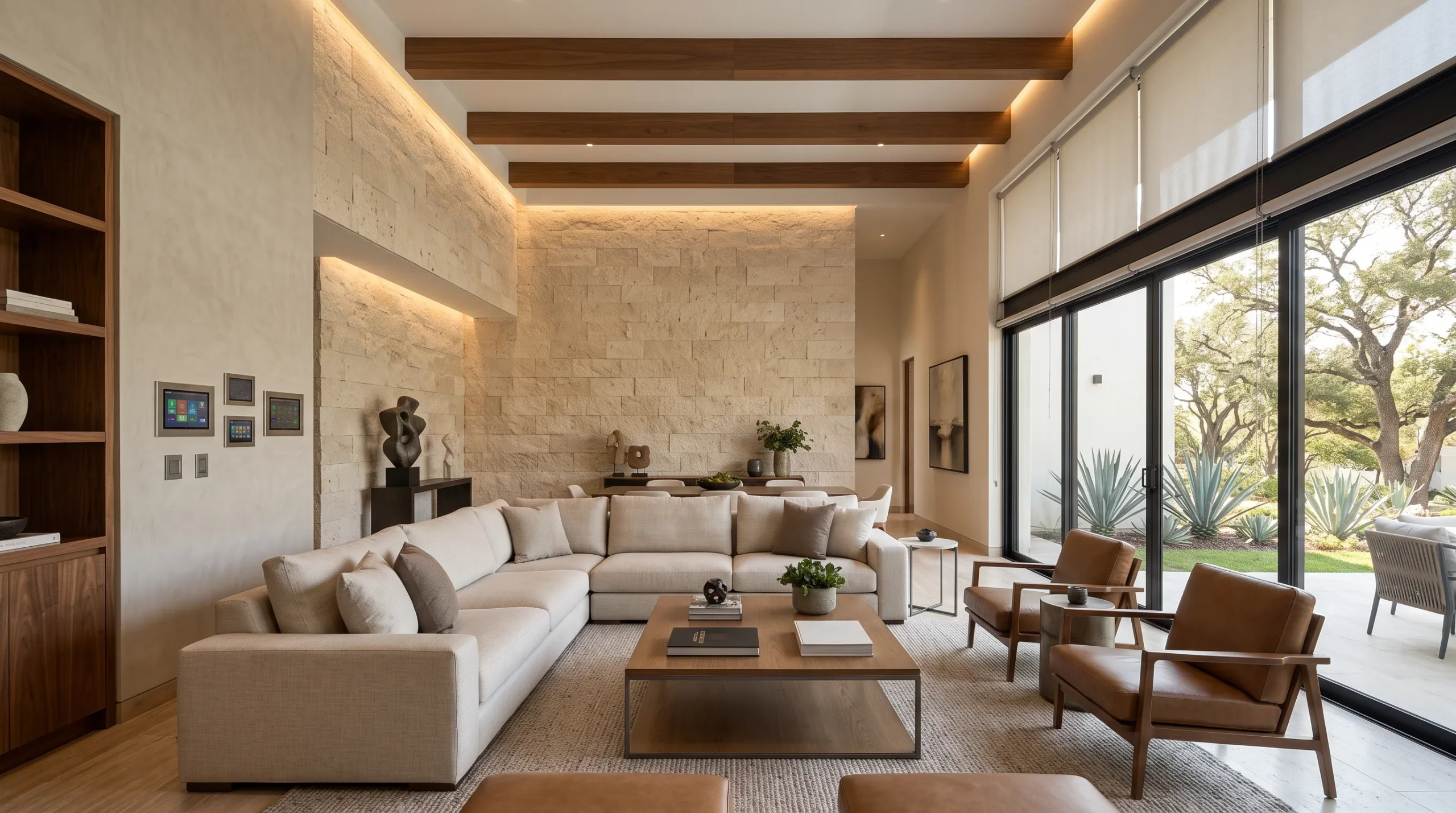An expansive, sunlit living room in a modern luxury home featuring textured travertine stone walls, exposed ceiling timber beams with concealed LED warm cove lighting, a large cream sectional sofa, brown leather accent armchairs, and floor-to-ceiling glass sliding doors opening onto a landscaped patio.