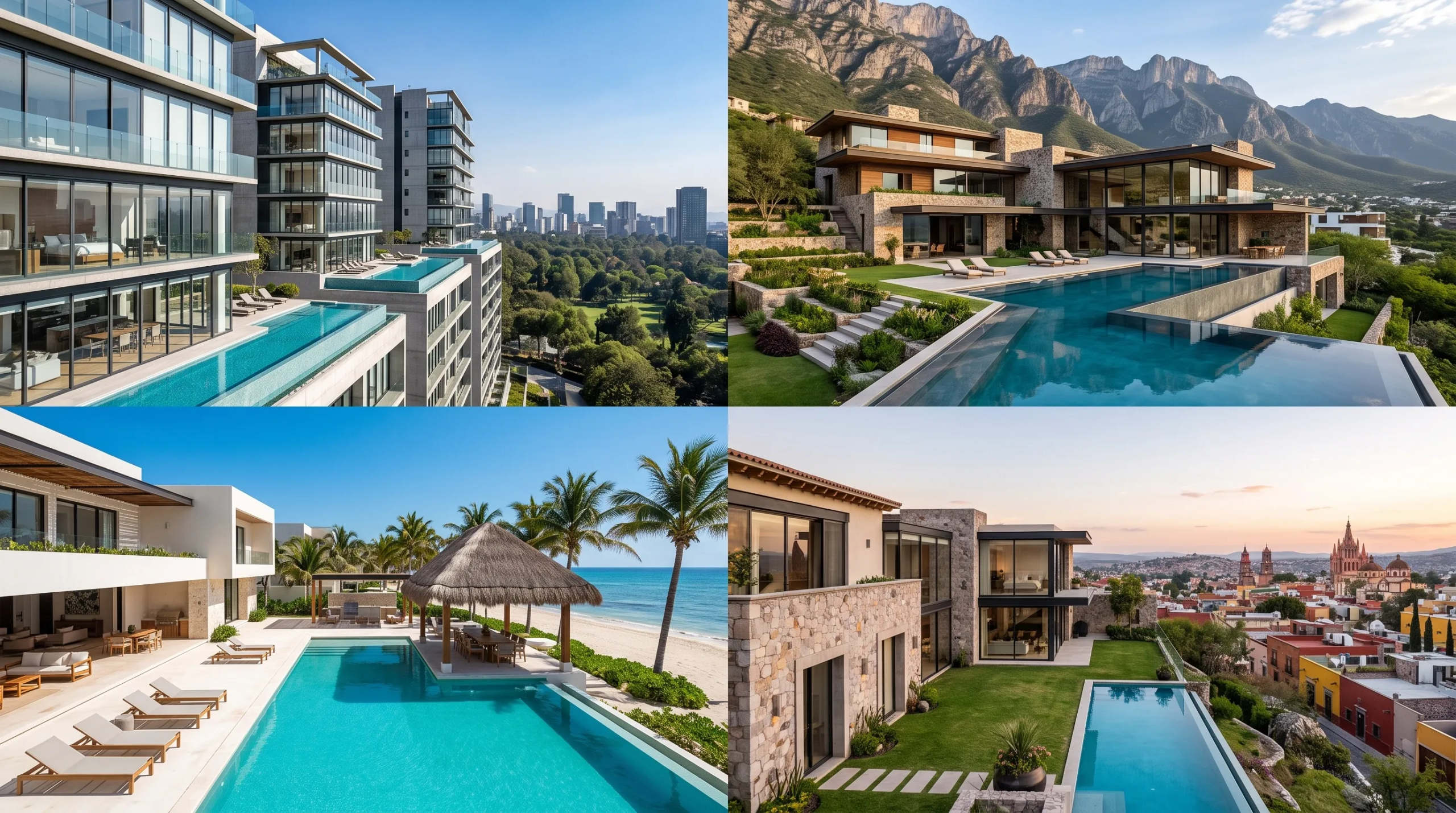 Cuadrícula de cuatro paneles mostrando desarrollos residenciales de lujo en entornos diversos: apartamentos de vidrio con albercas infinitas sobre parque urbano, chalet moderno de montaña en acantilado, villa tropical frente al mar con alberca y palapa, y finca de piedra en ladera con vistas a catedral al atardecer, portafolio versátil de RBA Residences en Zapopan.
