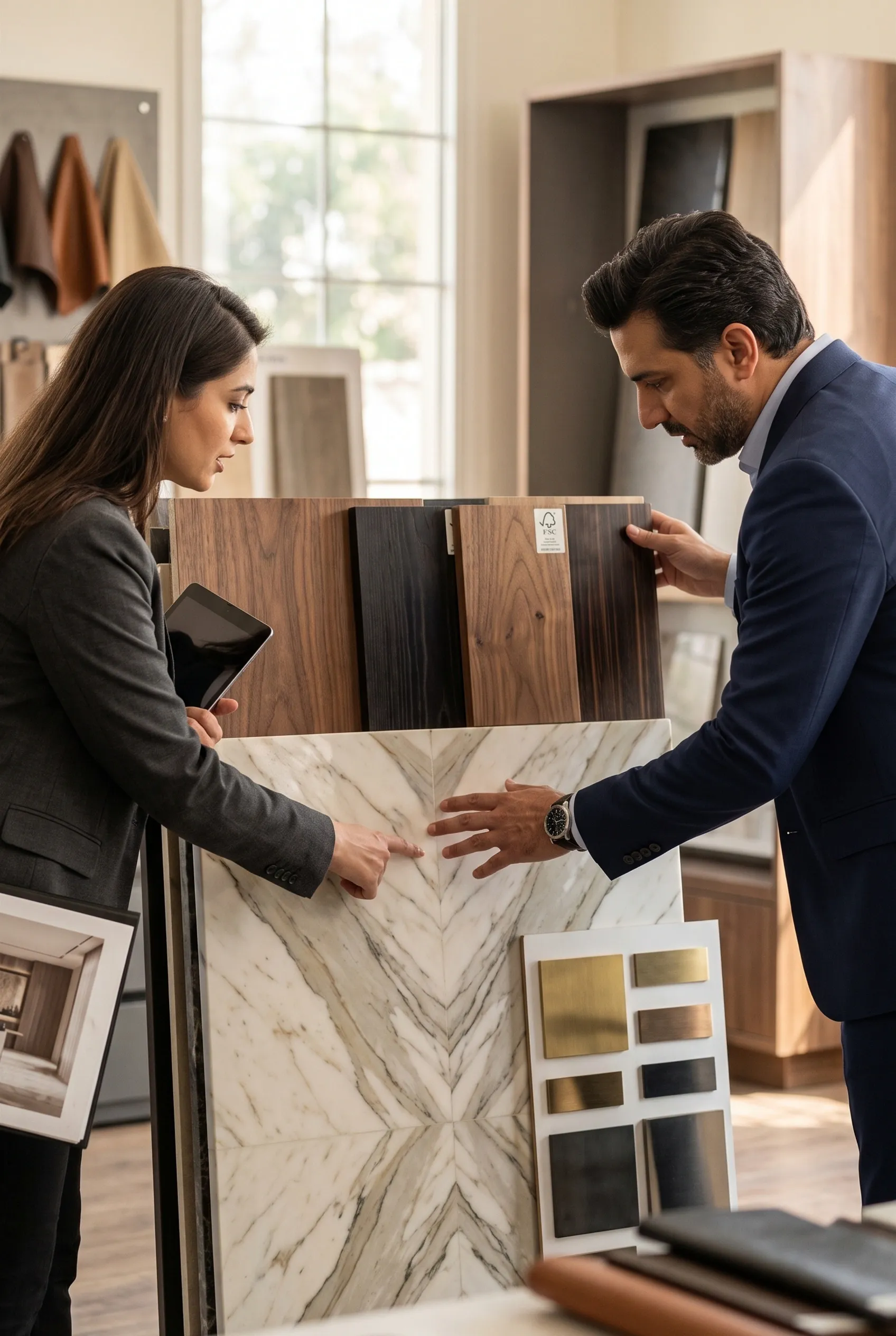 Diseñador de interiores con tableta señalando detalles de vetas en una losa grande de mármol blanco y dorado a libro a un cliente con blazer azul marino, quien toca la superficie de piedra en una sala de exhibición de diseño de alta gama con muestras de madera, metal y cuero, curaduría táctil de RBA Residences en Zapopan.