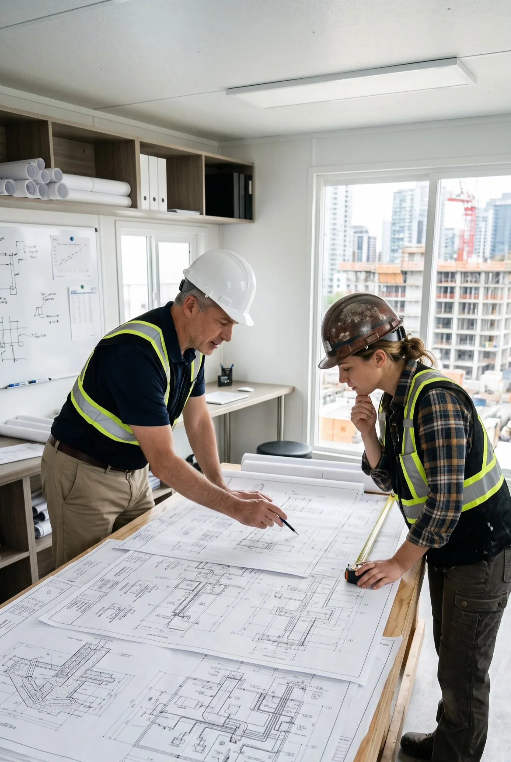 Vista de planos de construcción en sitio y dibujos técnicos MEP siendo revisados, verificados cruzadamente y planificados con mediciones precisas en obra, representando el control de calidad y la coordinación técnica de RBA Residences en Zapopan.