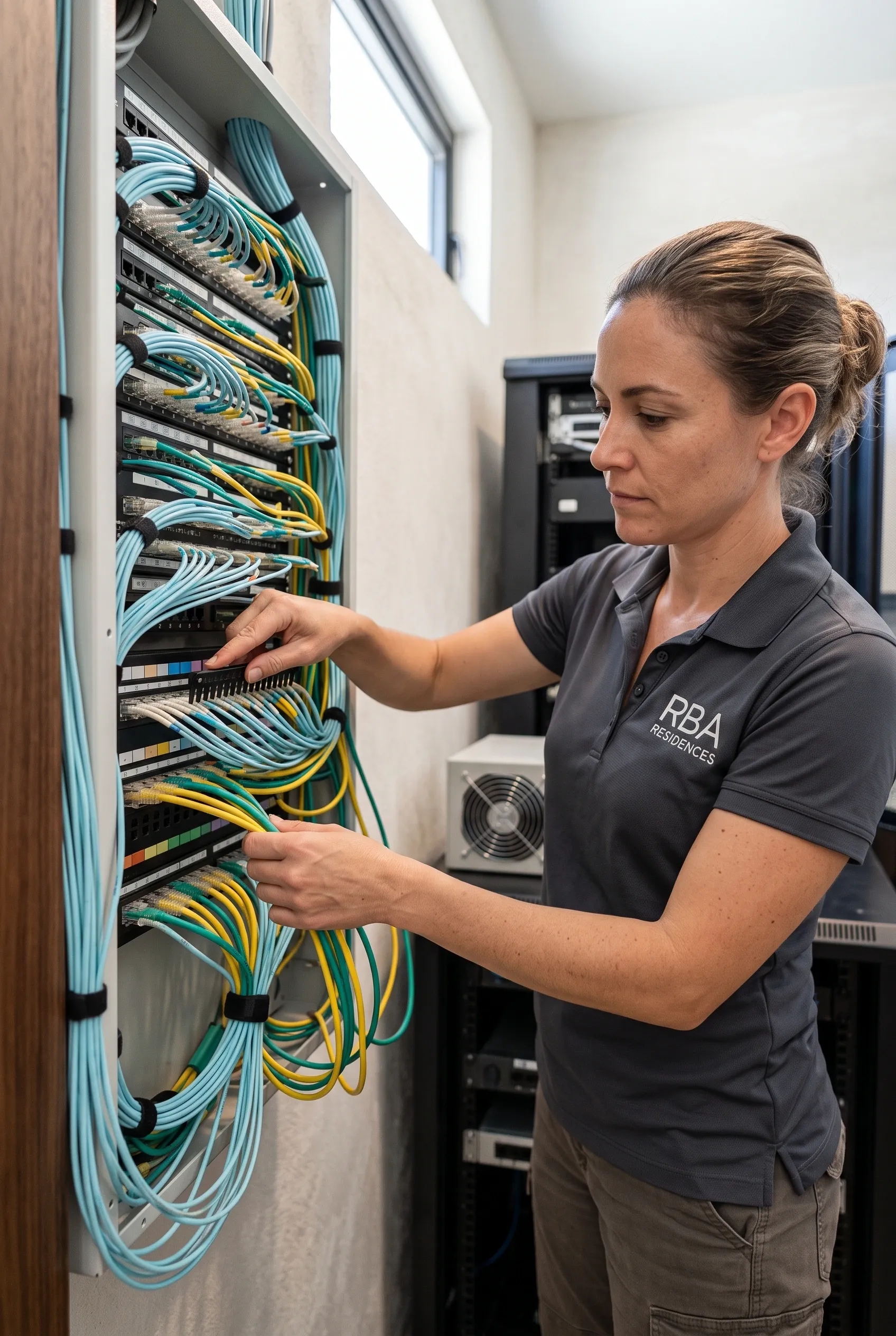 Técnica de baja tensión femenina organizando cables de conexión y gestionando cableado ethernet dentro de un gabinete de rack de red residencial, infraestructura digital de RBA Residences en Zapopan.