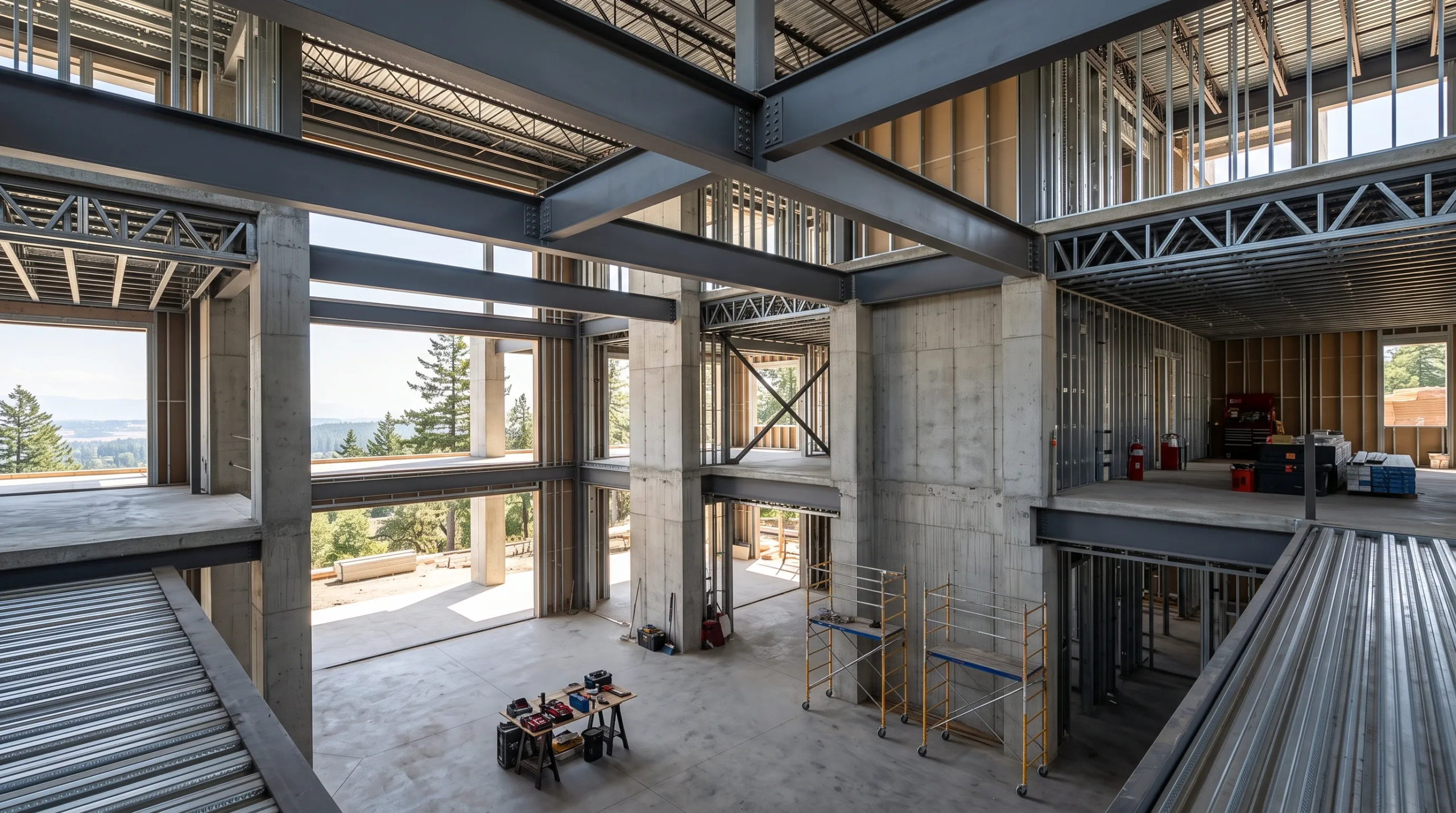 Vista interior de un edificio de varios niveles en construcción con vigas I de acero expuestas, losacero, columnas de concreto, entramado de acero ligero y aberturas de ventanas que dan a un paisaje forestal, estructura industrial de RBA Residences en Zapopan.