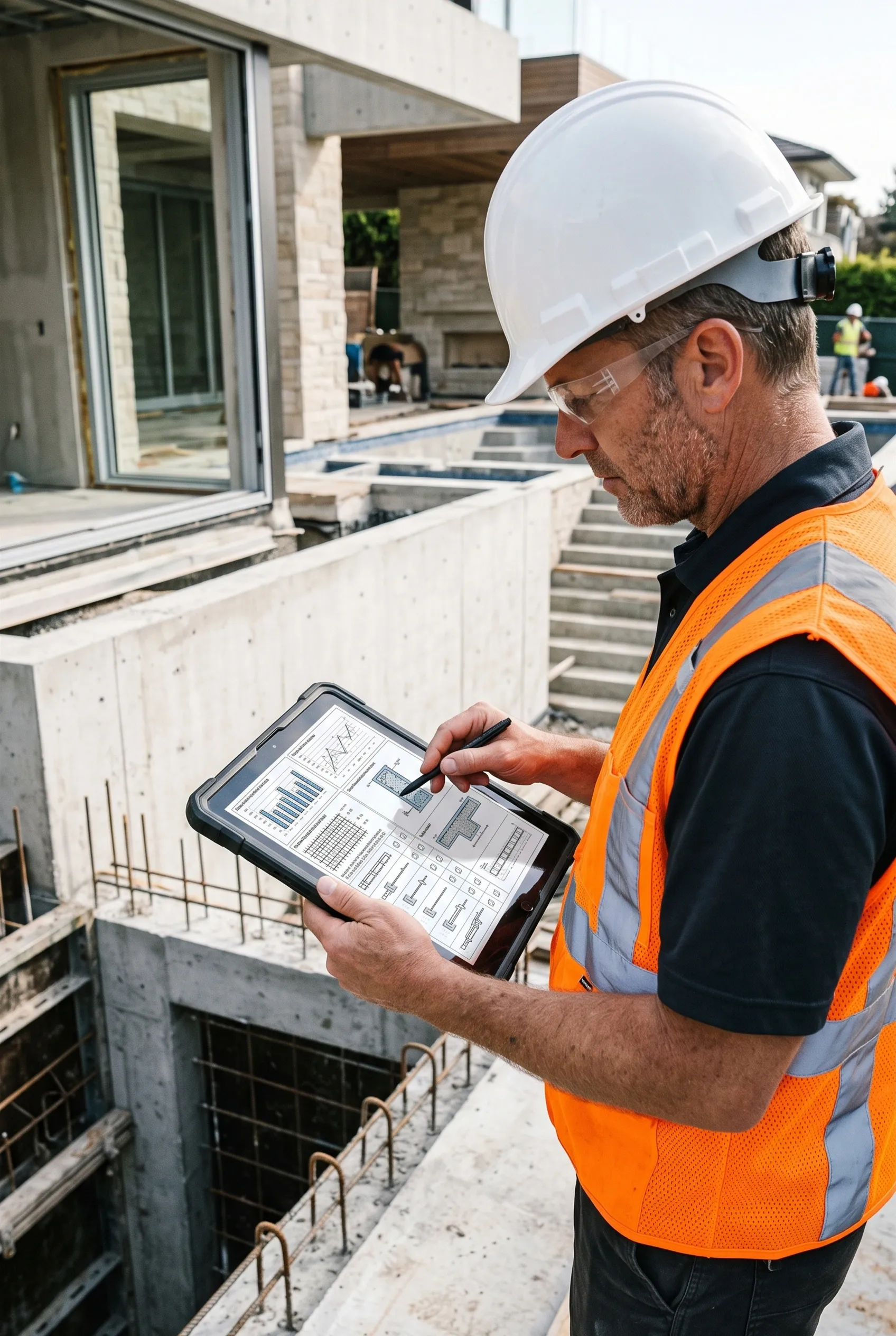 Perfil lateral de inspector de construcción con casco blanco, gafas de seguridad y chaleco de alta visibilidad revisando esquemas arquitectónicos y gráficos de datos en una tableta con un lápiz óptico, junto a una cimentación de concreto y alberca abierta en construcción, precisión en amenidades de RBA Residences en Zapopan.