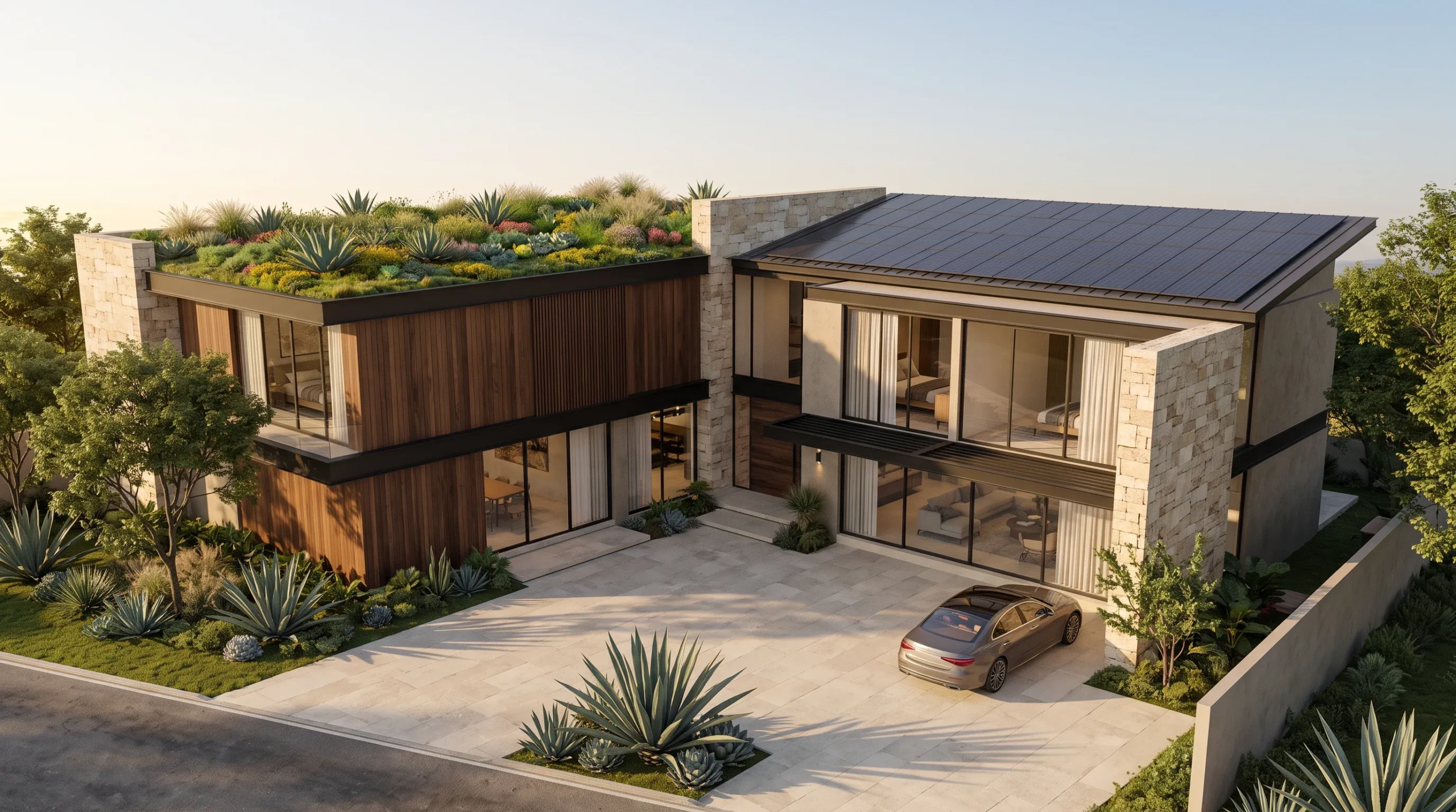 Vista aérea de una residencia moderna de lujo de dos niveles integrando un techo verde vivo, paneles solares, revestimiento vertical de madera y muros de piedra caliza alrededor de un patio pavimentado, arquitectura sostenible de RBA Residences en Zapopan.