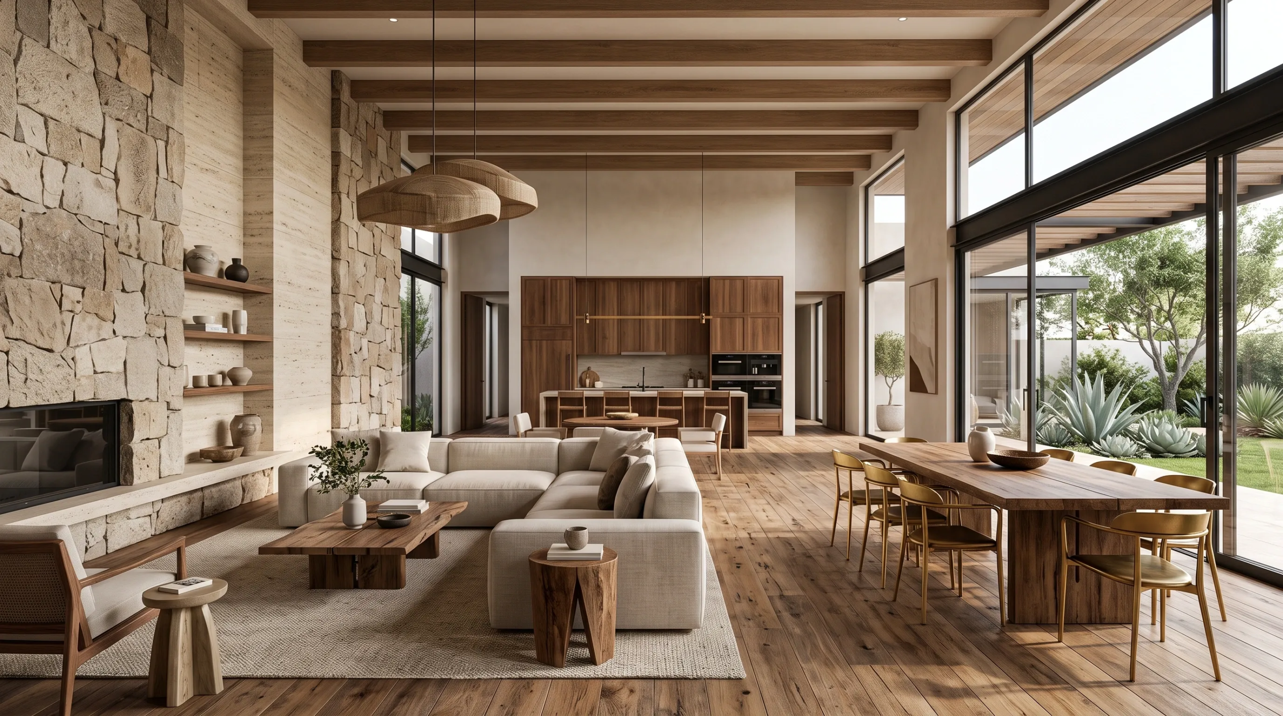 Fotografía arquitectónica de residencia de lujo de concepto abierto con chimenea de piedra apilada, vigas de techo de madera expuestas, mesa de comedor de madera natural, sofá seccional color crema y puertas de vidrio de piso a techo hacia un patio jardín paisajístico, elegancia orgánica de RBA Residences en Zapopan.