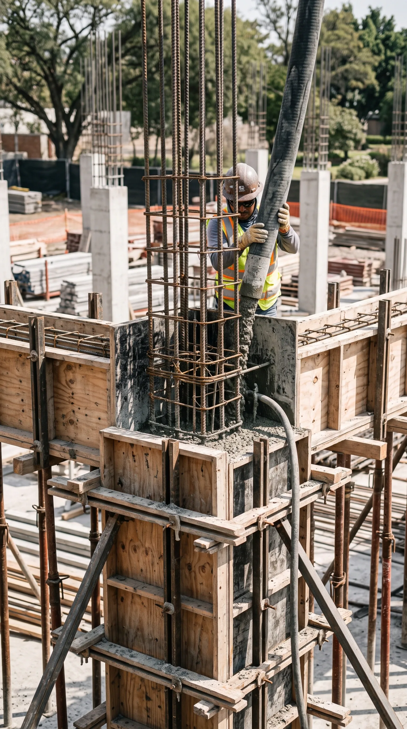 Trabajador de la construcción operando una manguera de bomba de concreto para verter concreto en el encofrado de madera de una columna con varilla en un sitio de trabajo activo, ejecución estructural de RBA Residences en Zapopan.
