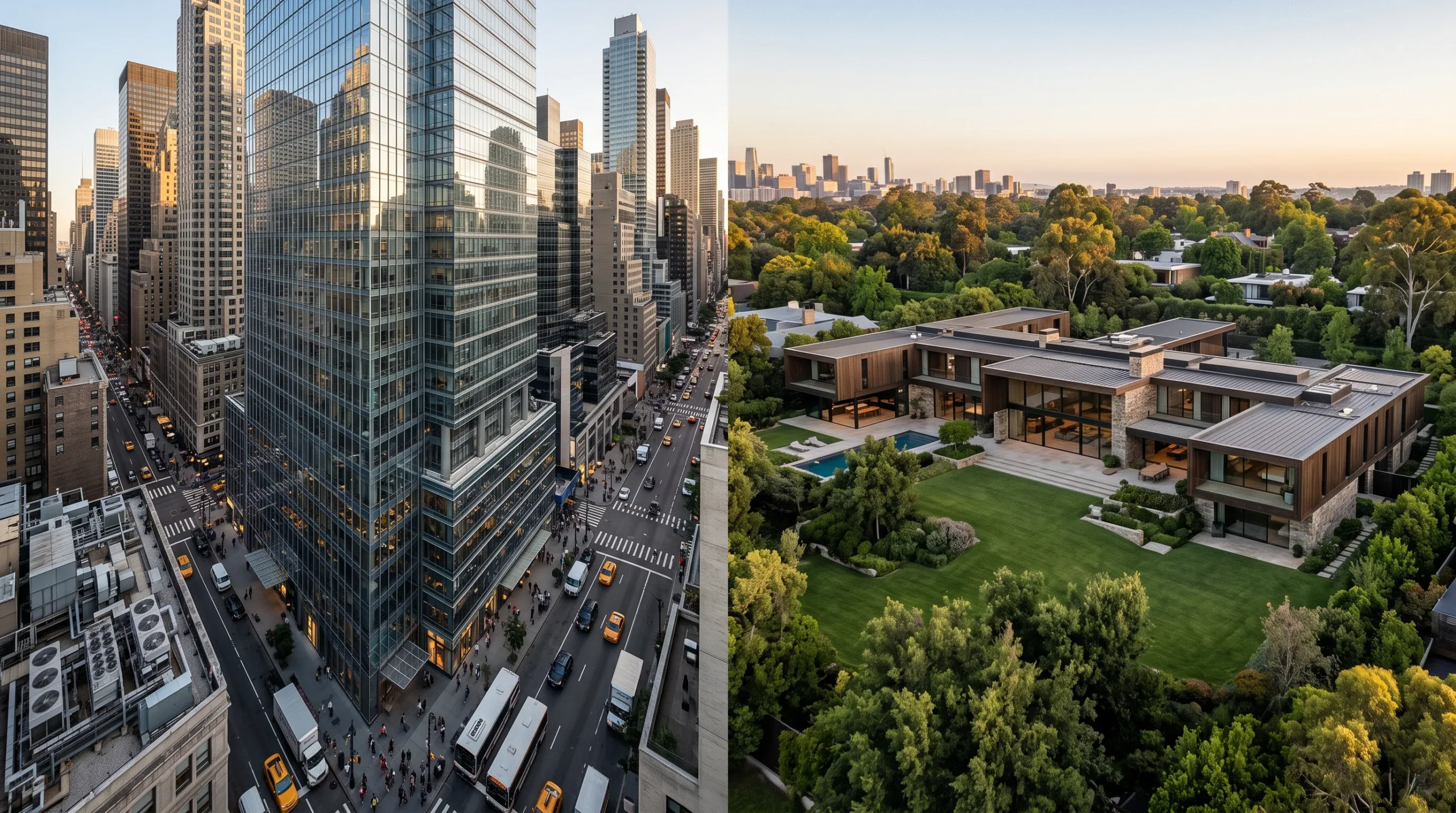 Vista aérea dividida que contrasta un desarrollo urbano de alta densidad con rascacielos de cristal y tráfico a la izquierda, frente a una residencia moderna de lujo de baja altura rodeada de copas de árboles, jardines amplios y una alberca privada a la derecha, representando la libertad espacial y el retiro exclusivo de RBA Residences en Zapopan.
