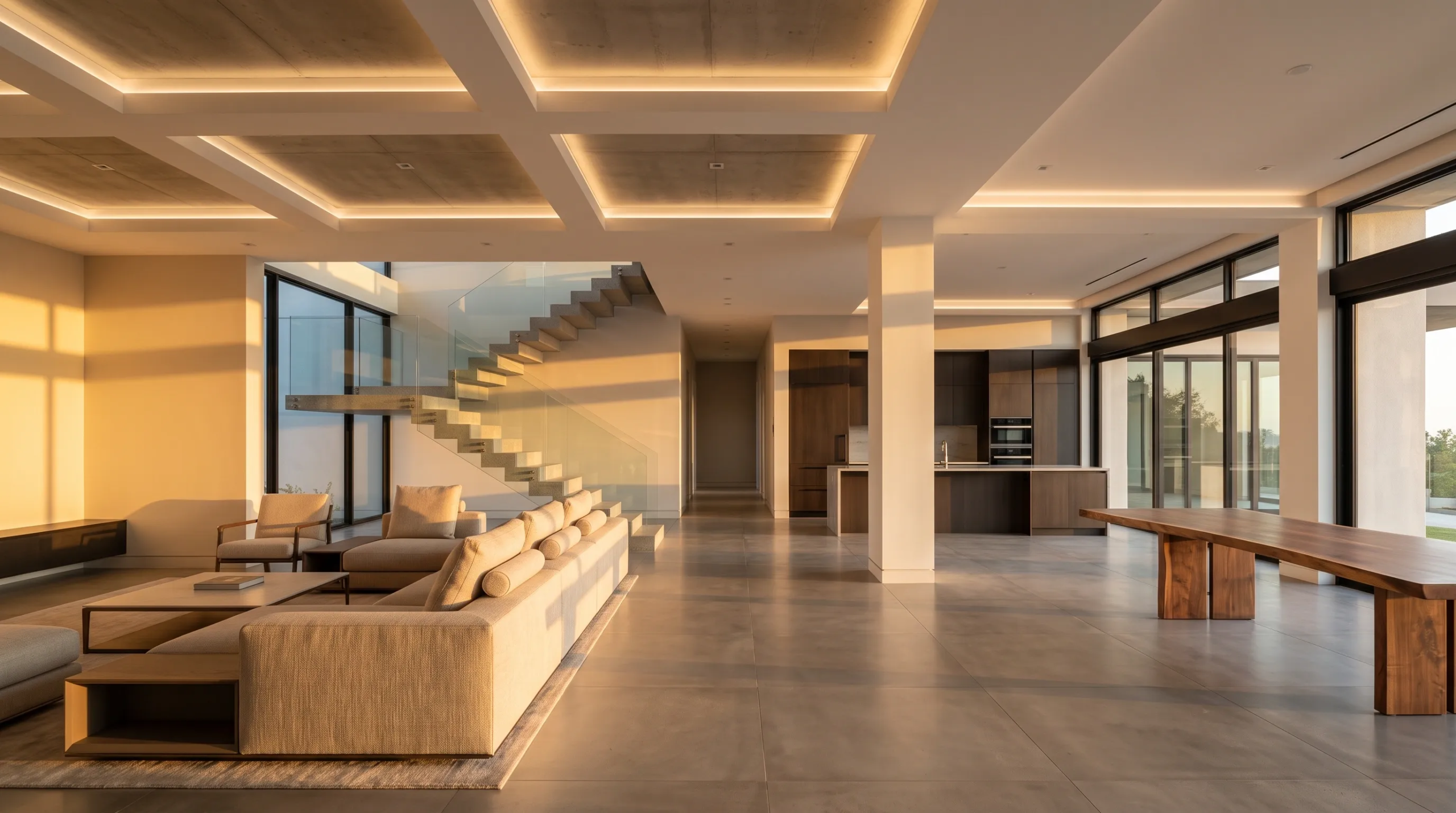 Vista interior de plano abierto moderno con sala expansiva, escalera flotante en voladizo con barandal de vidrio, cocina integrada de madera oscura, mesa de comedor de madera sólida, paneles de techo artesonado con iluminación indirecta cálida, piso de loseta de concreto sin juntas y muros de vidrio de piso a techo iluminados por la luz dorada del atardecer, diseño volumétrico de RBA Residences en Zapopan.