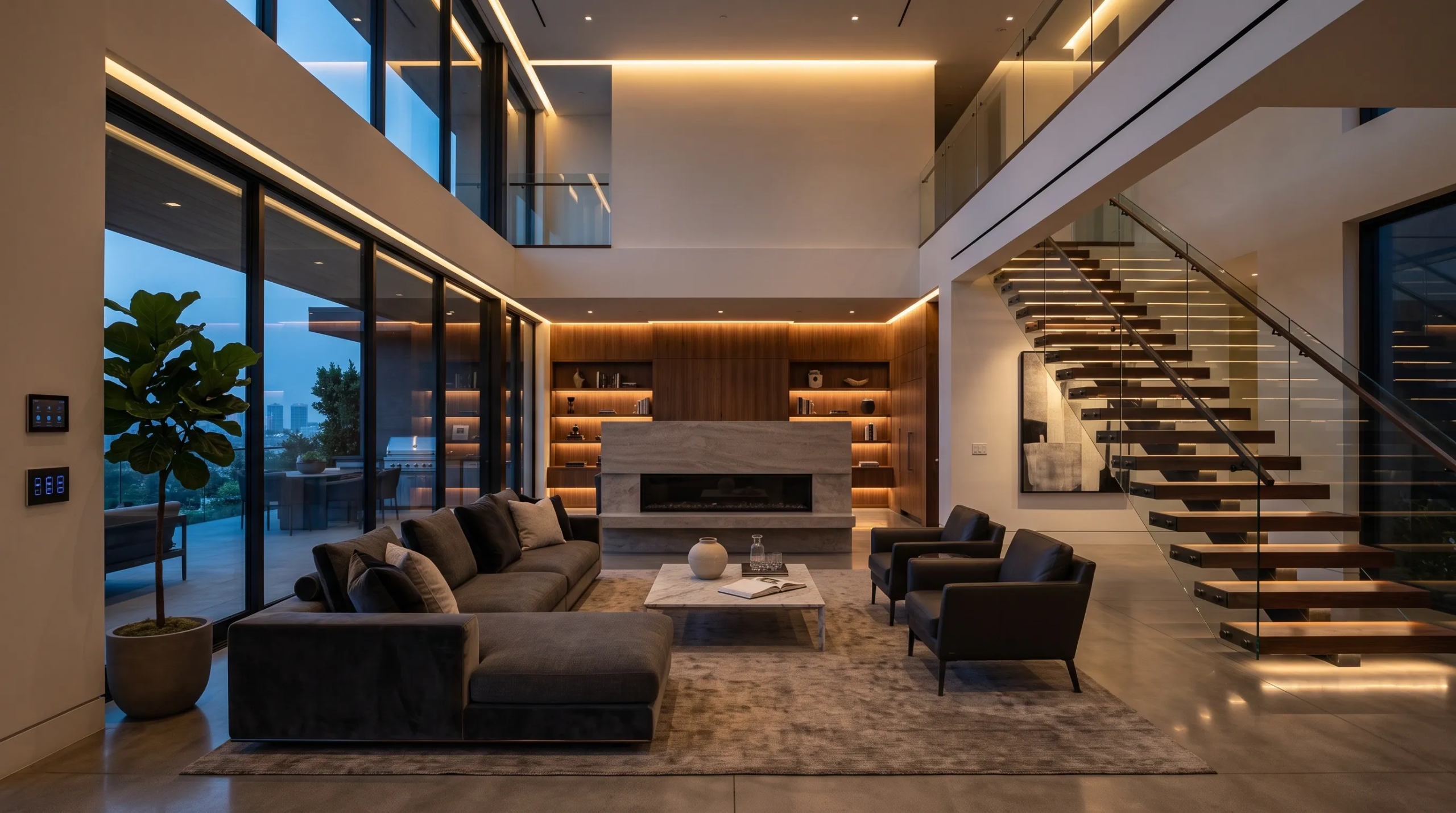 Sala de estar de lujo moderna de doble altura con escalera flotante de madera, barandal de vidrio e iluminación LED en peldaños, chimenea lineal de travertino, ebanistería a medida de nogal y puertas de vidrio de piso a techo hacia una terraza al atardecer, diseño de iluminación de RBA Residences en Zapopan.