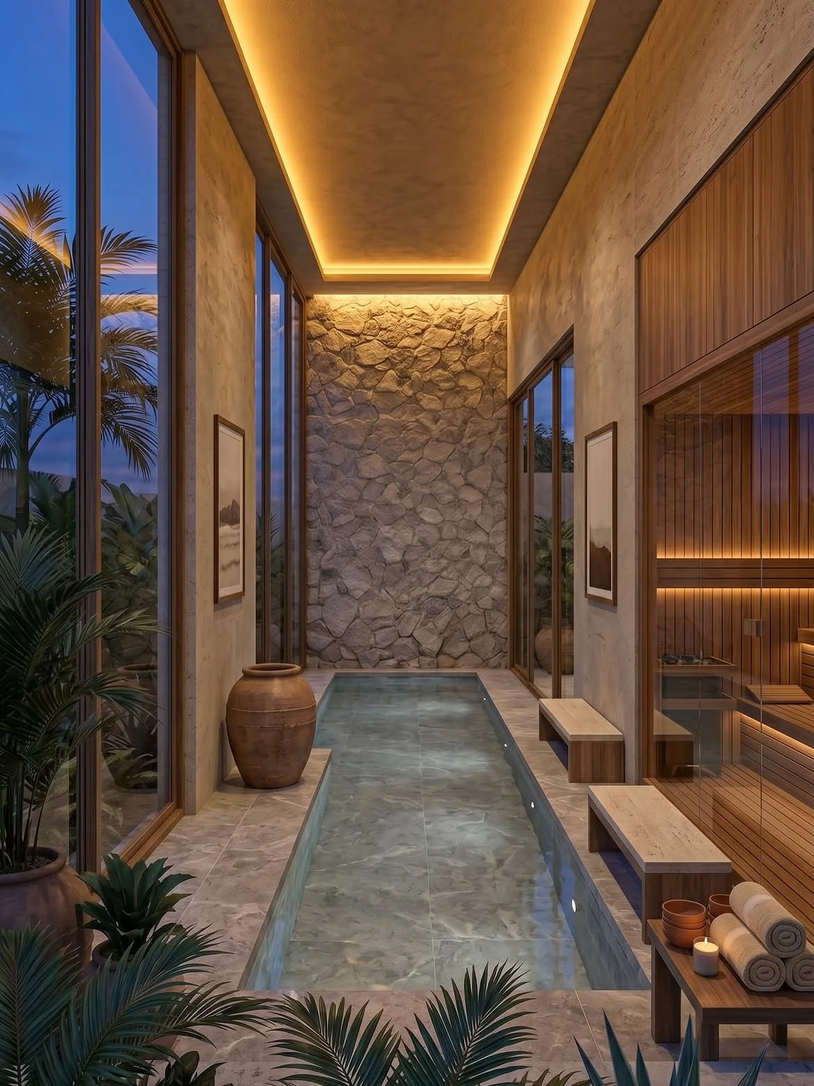 Residencia con alberca y terraza iluminada al atardecer