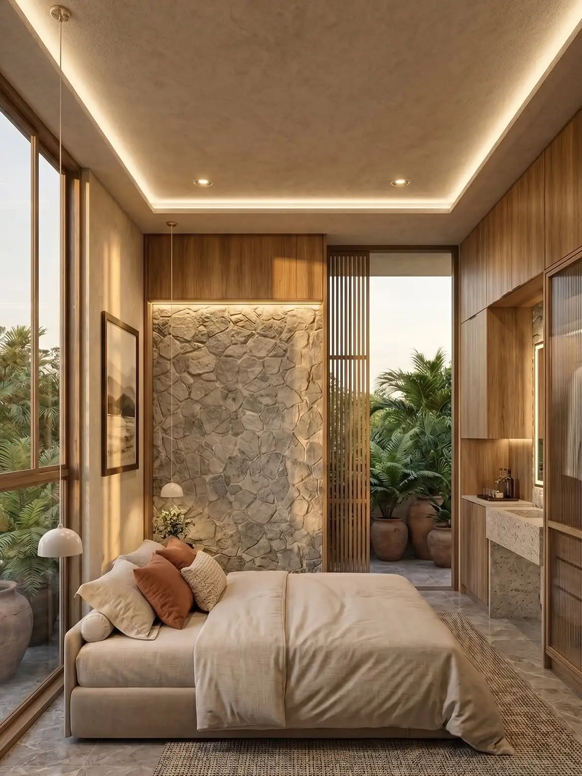 Interior de una residencia con materiales de piedra natural, madera y grandes ventanales