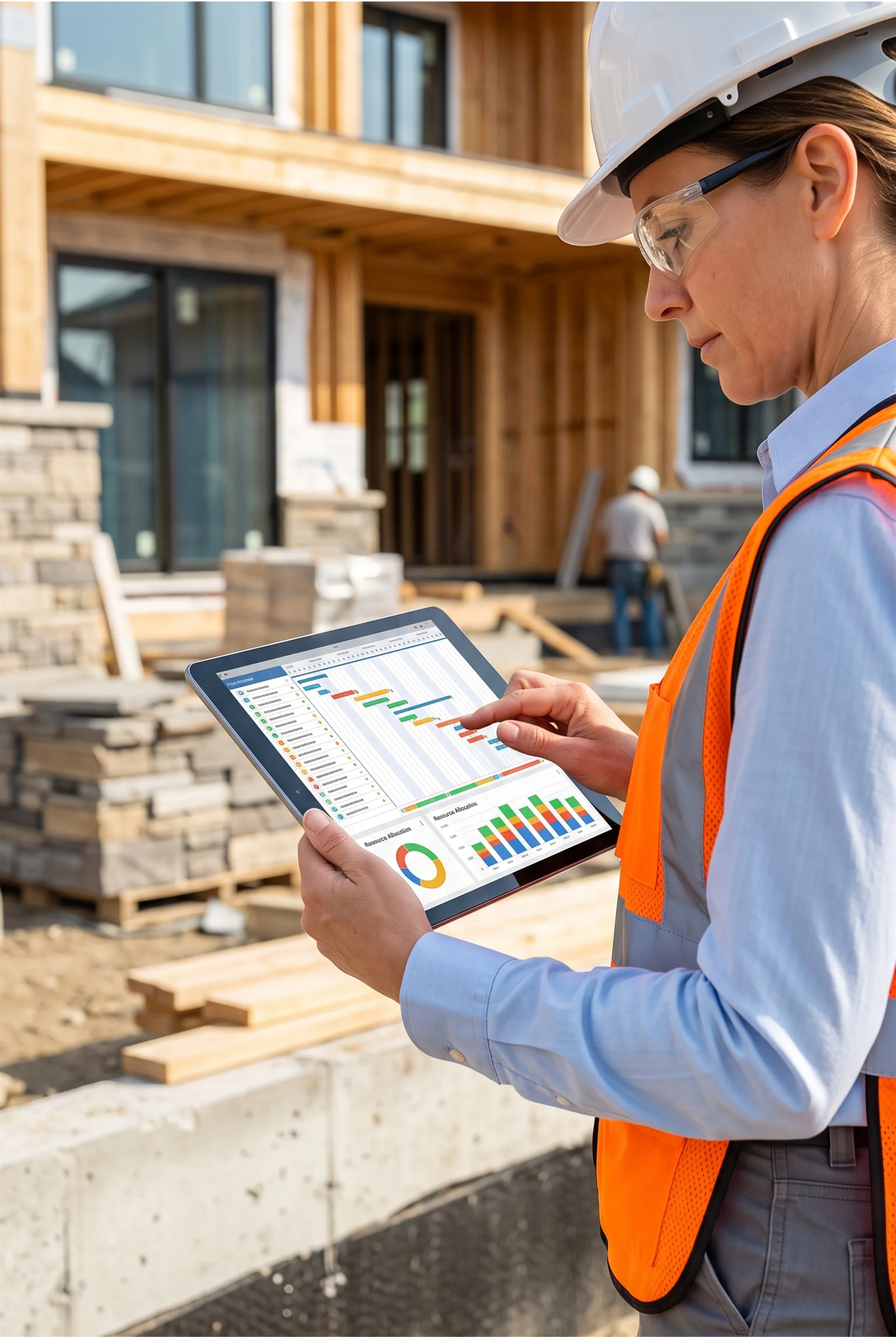 Mujer l&iacute;der de obra revisando estad&iacute;sticas de avance y trabajo completado en una tableta en un sitio de construcci&oacute;n residencial, transparencia de proyecto de RBA Residences en Zapopan.