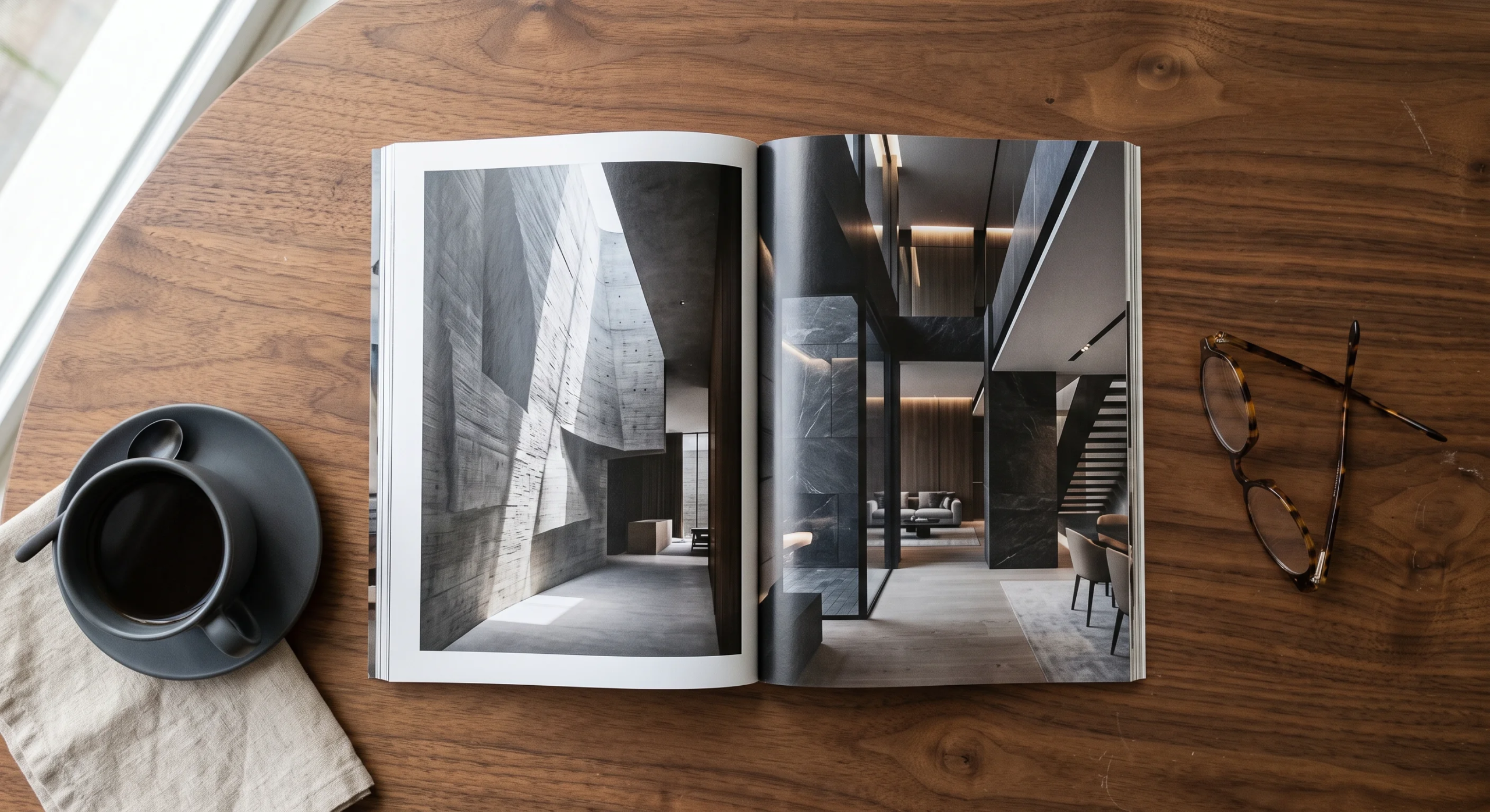 Vista de una auditoría de documentación de portafolio arquitectónico, estudio de muestras de textura de concreto aparente (board-formed) y verificación del volumen espacial interior, representando la excelencia curatorial y la autenticidad material de RBA Residences en Zapopan.