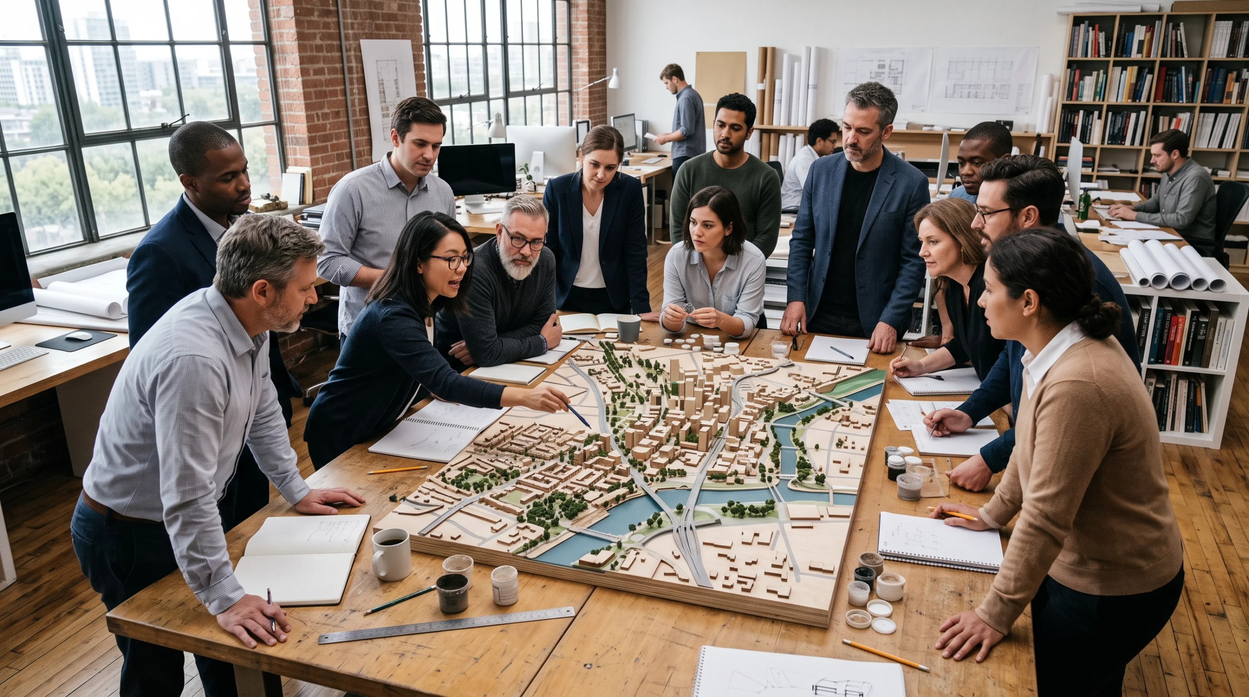 Vista de una auditoría de maqueta física de volumetría a escala urbana, revisión de coordinación de plan maestro multidisciplinario y verificación de alineación contextual con infraestructura de transporte, representando la integración urbana visionaria y la planificación estratégica de RBA Residences en Zapopan.