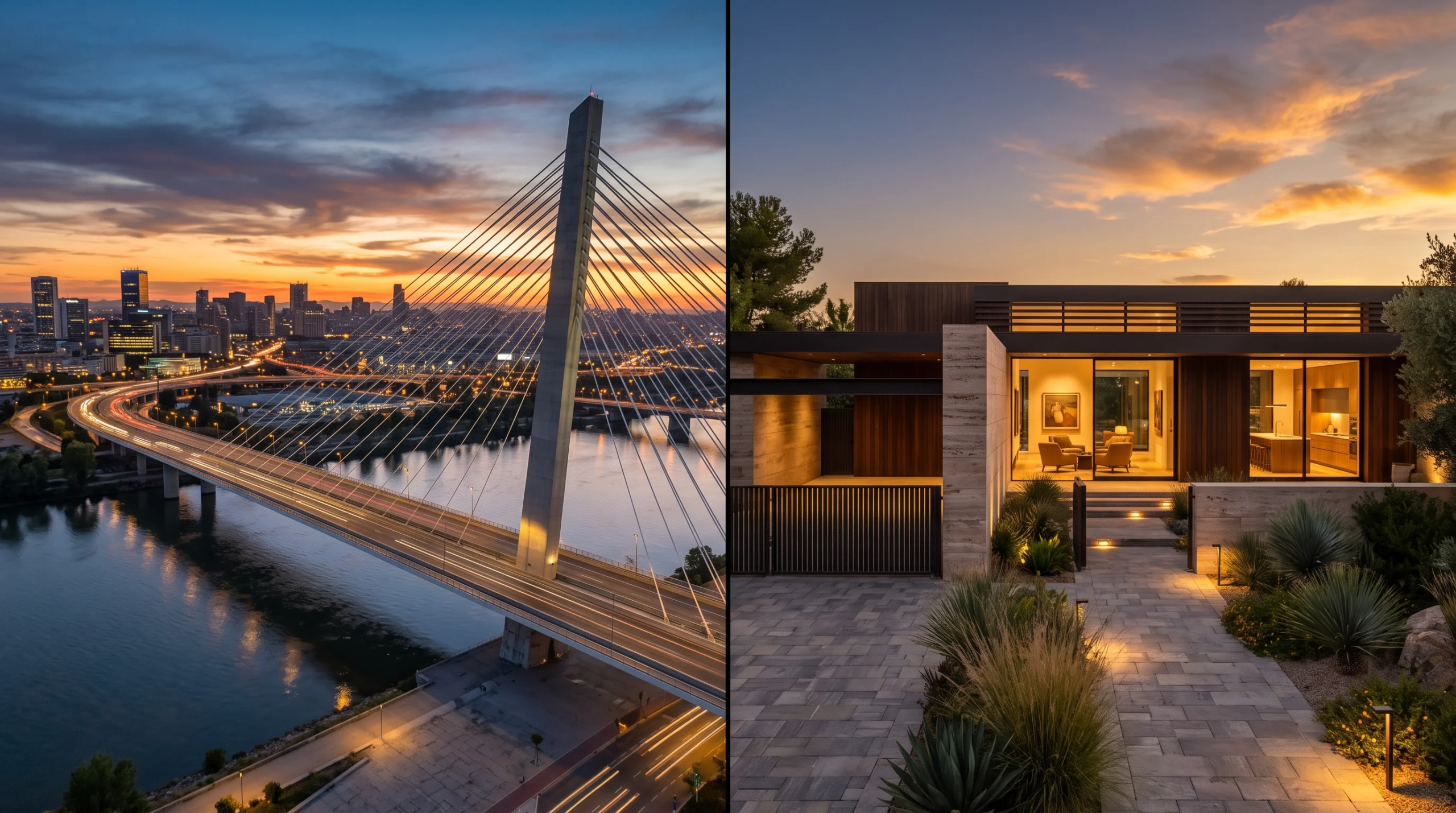 Vista comparativa de una auditoría de ingeniería estructural de puente atirantado e inspección de cables de tensión, frente a la iluminación crepuscular de una fachada residencial de lujo y revisión de integración de iluminación arquitectónica modernista desértica, representando la maestría estructural y lumínica de RBA Residences en Zapopan.