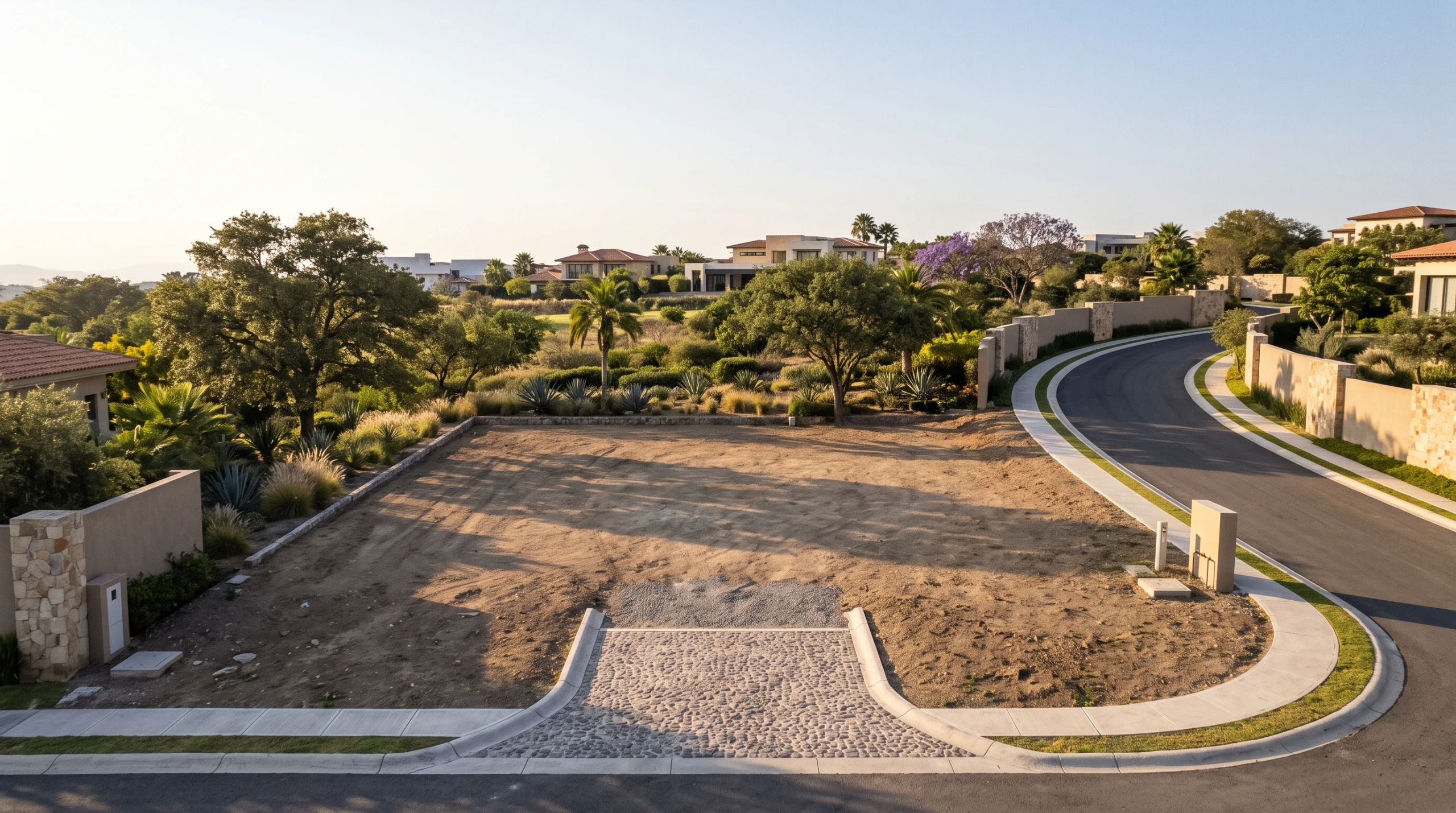Vista de un levantamiento topográfico de un terreno residencial sin desarrollar, evaluación de nivelación y desmonte, y verificación de retiros de límites de parcela, representando la precisión en la preparación del sitio y el cumplimiento normativo de RBA Residences en Zapopan.