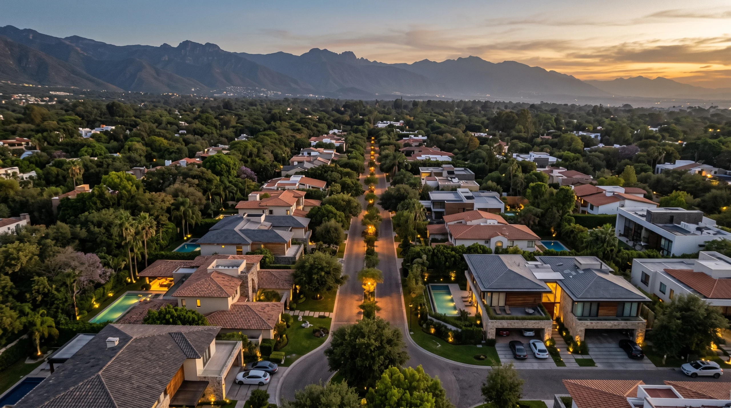 Vista de una evaluación aérea del plan maestro de desarrollo, revisión de densidad de una comunidad residencial de lujo y análisis topográfico del sitio con telón de fondo montañoso, representando la planificación macro y la armonía con el entorno de RBA Residences en Zapopan.
