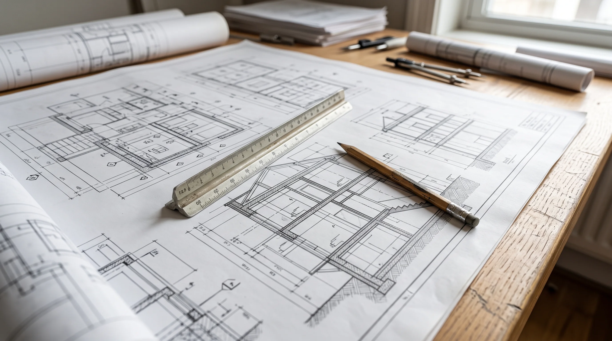 Vista de una verificación técnica de dibujo arquitectónico, auditoría de detalles de elevación de sección estructural y revisión de precisión dimensional de planos esquemáticos, representando el rigor técnico y la exactitud en el diseño de RBA Residences en Zapopan.