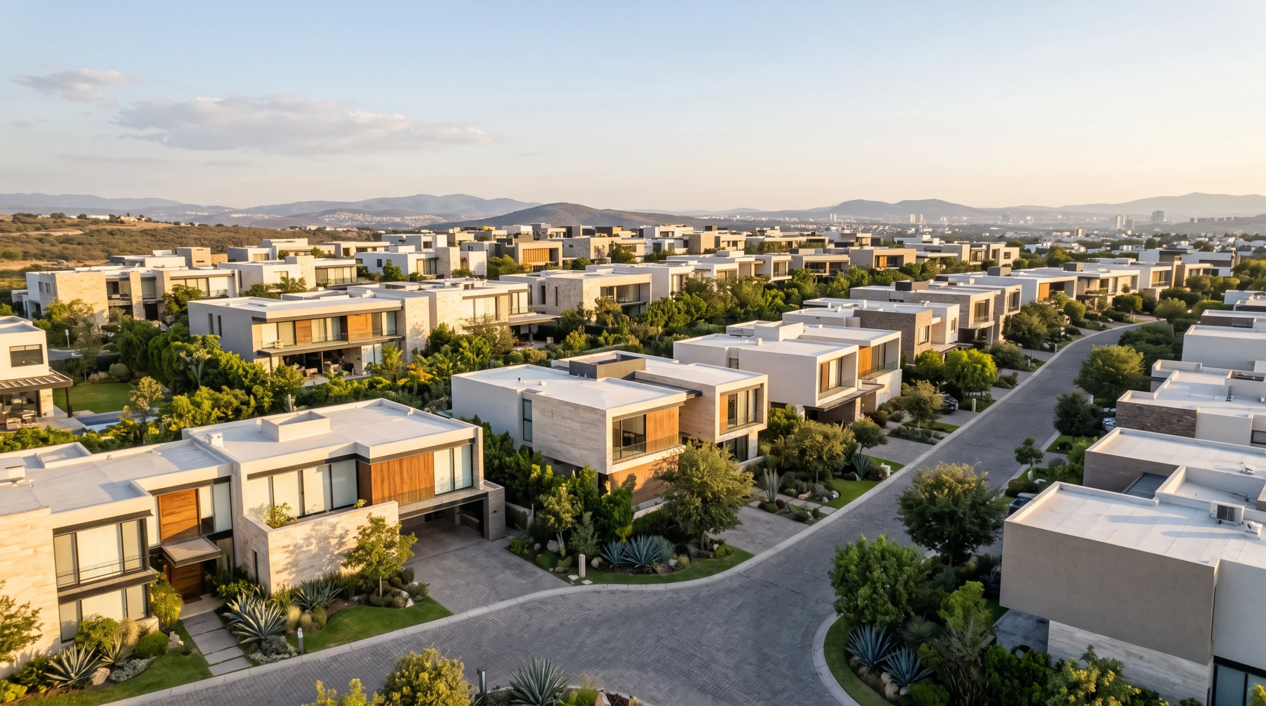 Vista aérea de una auditoría de desarrollo residencial modernista de alta densidad en el desierto, análisis de la red de caminos de acceso y revisión de la integridad de membranas de techo y pretiles, representando la resiliencia climática y la infraestructura comunitaria de RBA Residences en Zapopan.