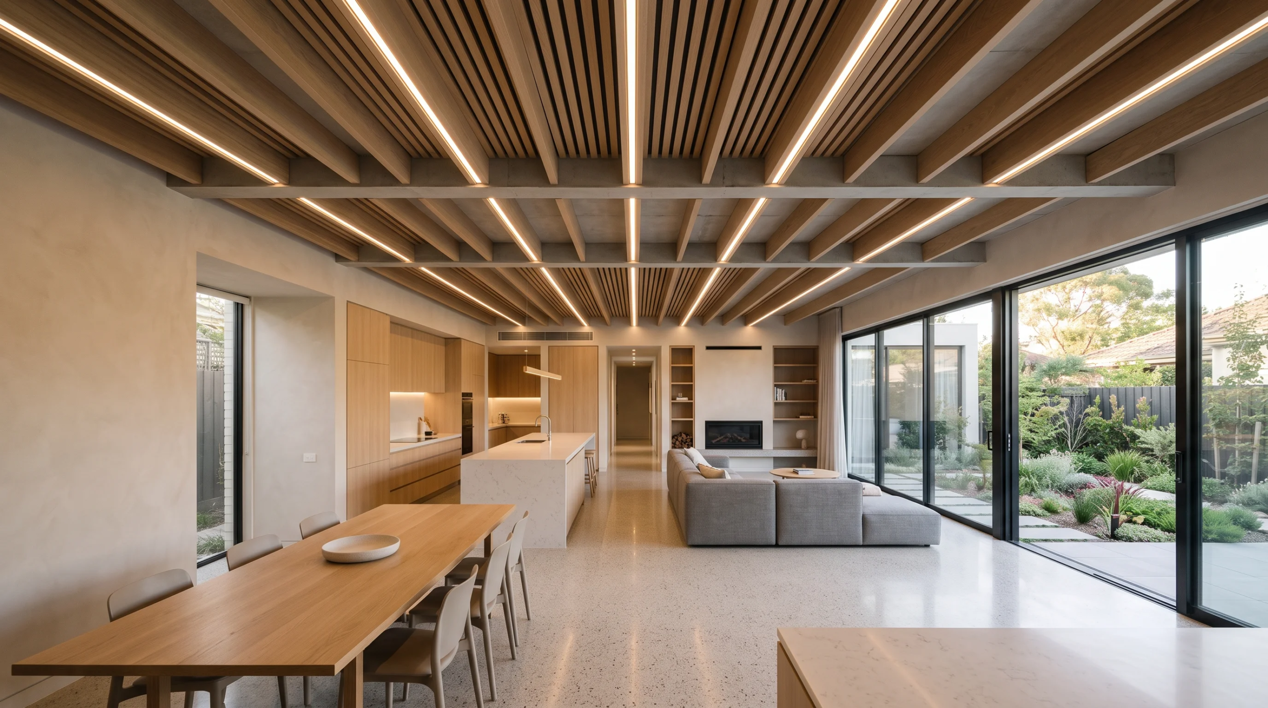 Vista de la alineación de canales de iluminación LED lineales empotrados en vigas de techo de madera, verificación de holgura de gabinetes de ebanistería e inspección del acabado de pisos de terrazo pulido, representando la micro-precisión y la integración de acabados de RBA Residences en Zapopan.