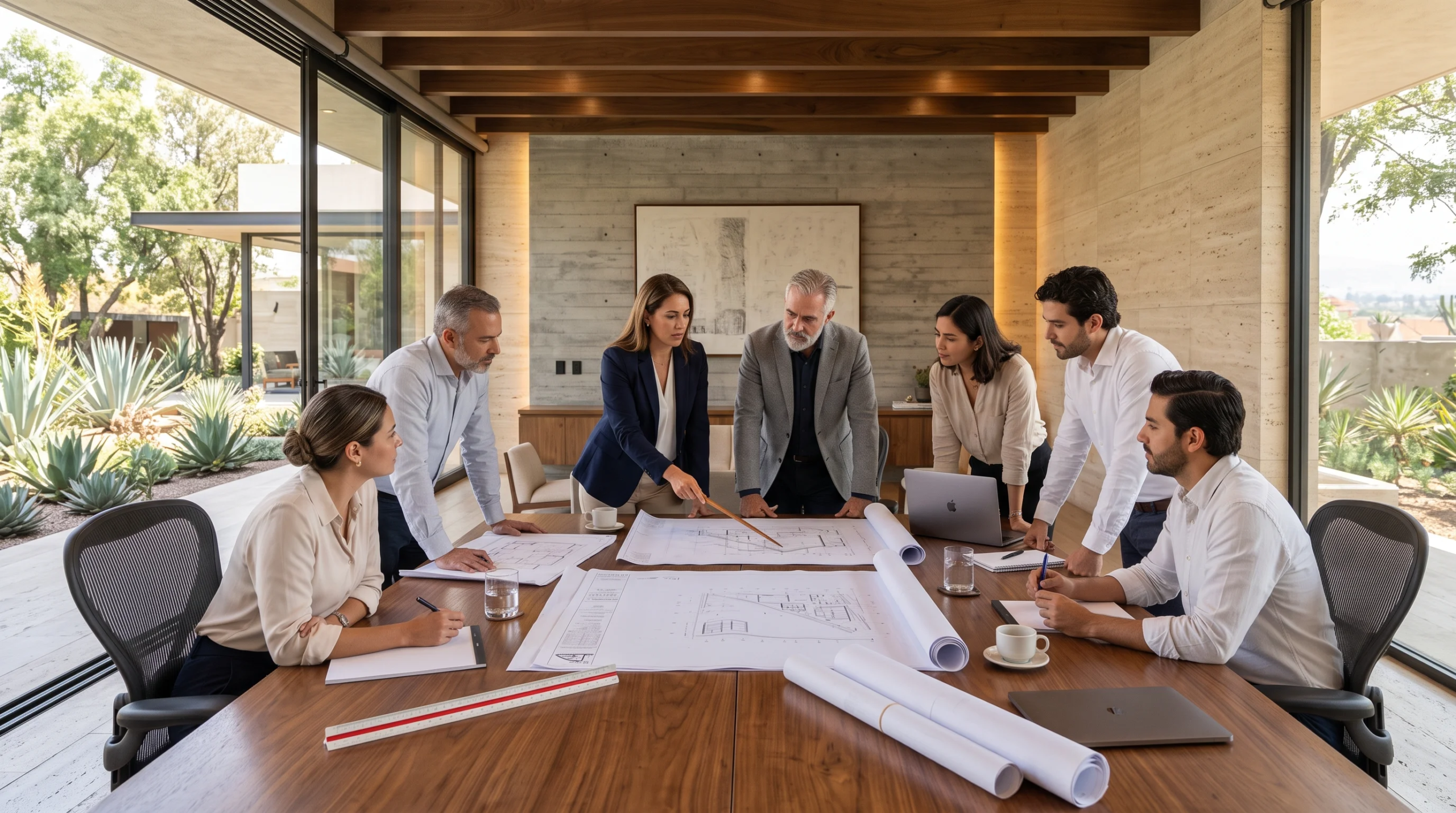 Vista de una reunión de coordinación de diseño multidisciplinario, revisión de esquemas arquitectónicos y sincronización del diseño del plan maestro, representando la orquestación integral y la alineación estratégica de RBA Residences en Zapopan.