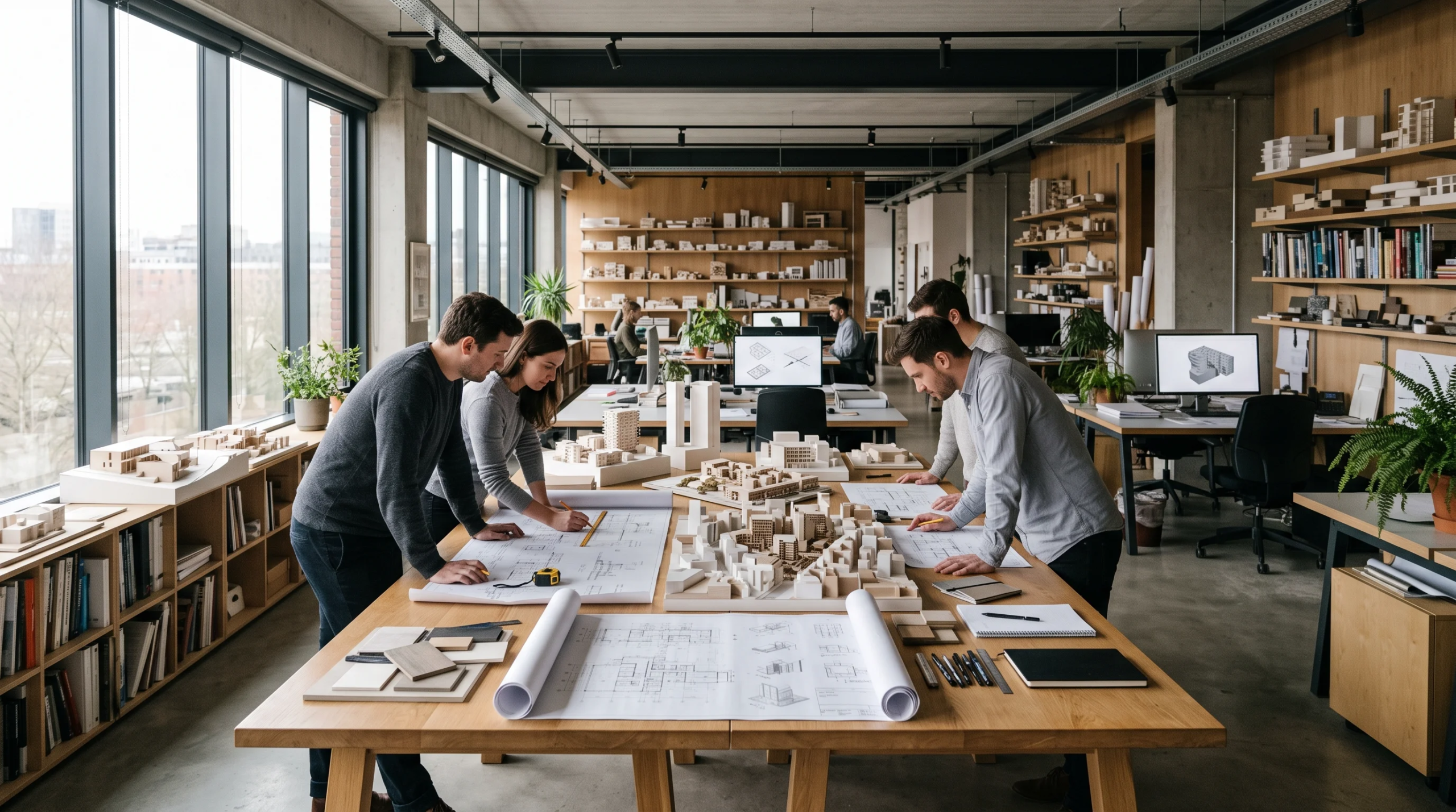 Vista de una auditoría en un taller de estudio arquitectónico de planta abierta, verificación de una maqueta de volumetría a escala y planos físicos, junto con la revisión de un tablero de muestras de materiales, representando la génesis creativa y la curaduría táctil de RBA Residences en Zapopan.