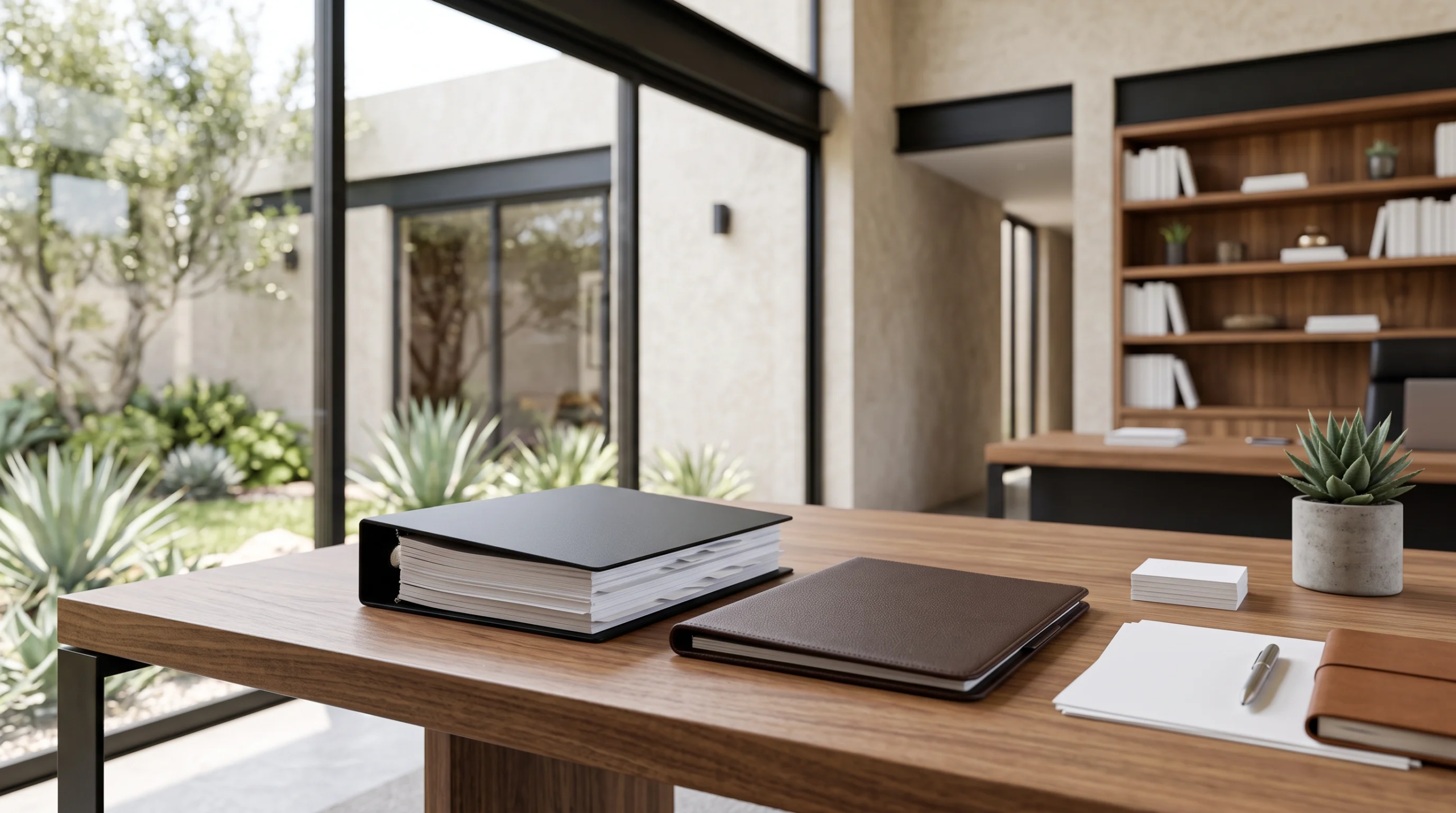 Vista de la verificación de un binder de auditoría de sitio ejecutivo y manual de gestión de proyectos, inspección de un escritorio de nogal a medida y ebanistería, junto con la revisión de la conexión viga-columna de acero estructural y la alineación de un muro cortina de doble acristalamiento, representando el comando integral y la síntesis arquitectónica de RBA Residences en Zapopan.