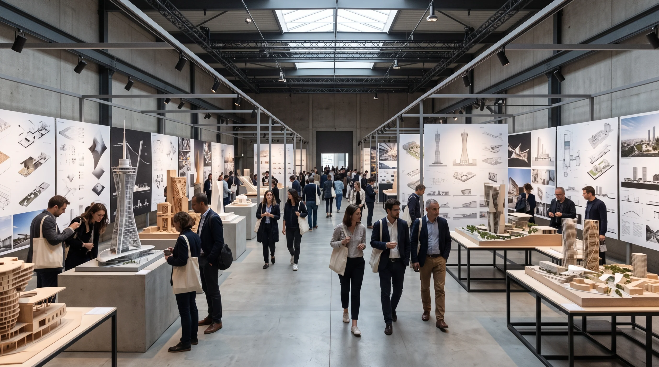 Vista de la revisión de la estructura de un espacio de exhibición arquitectónica, auditoría de la distribución de una galería, inspección de holgura de un podio para maquetas a escala y verificación de la integración de tragaluces superiores con iluminación de riel MEP, representando el diseño curatorial y la precisión espacial de RBA Residences en Zapopan.