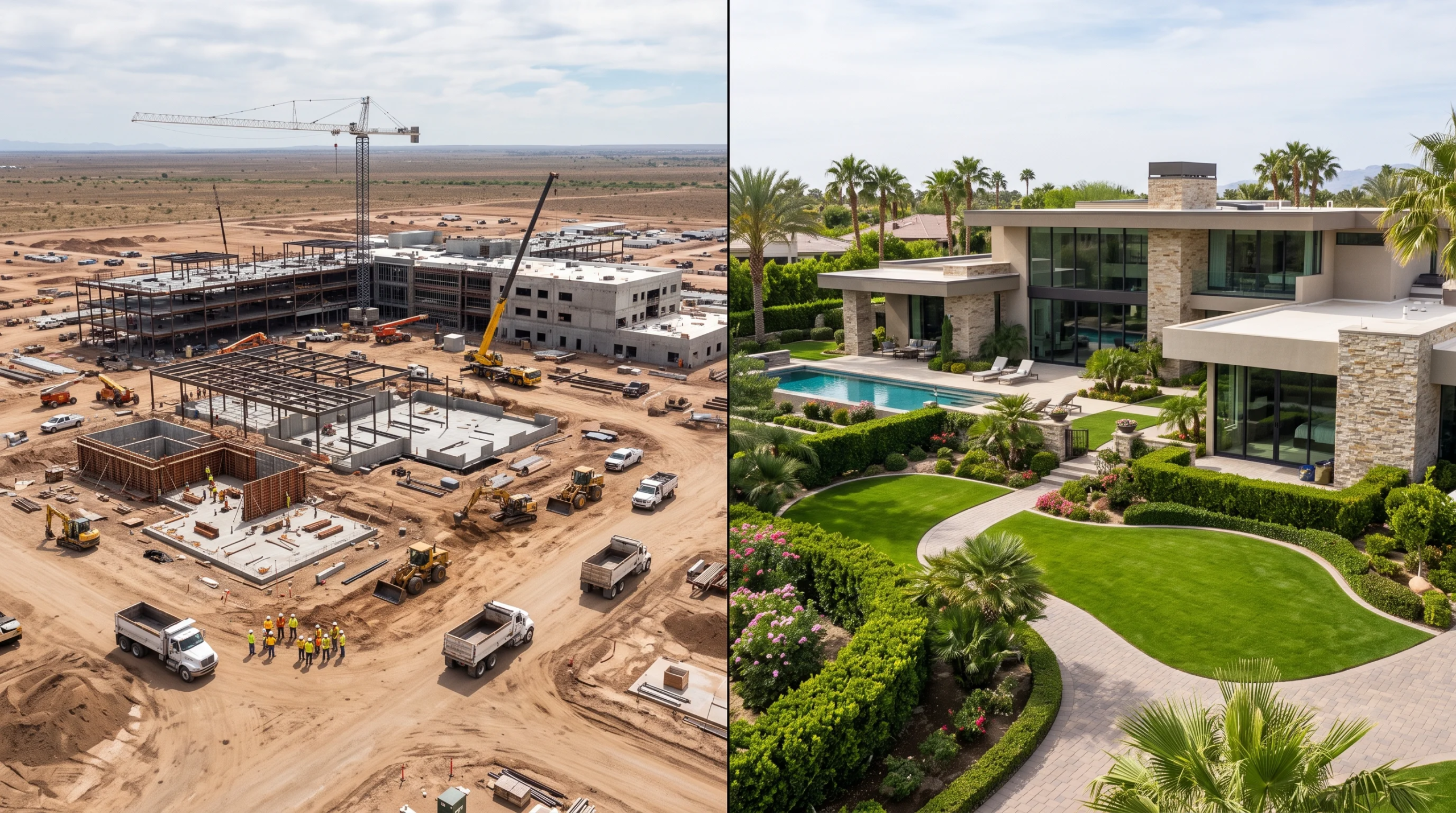 Vista de la supervisión de cimentación y erección de acero estructural a gran escala con grúa torre, contrastada con la auditoría de acabados de fachada e integración paisajística de una residencia de lujo en el desierto, incluyendo verificación de alberca y muros de contención, representando la maestría logística y constructiva de RBA Residences en Zapopan.