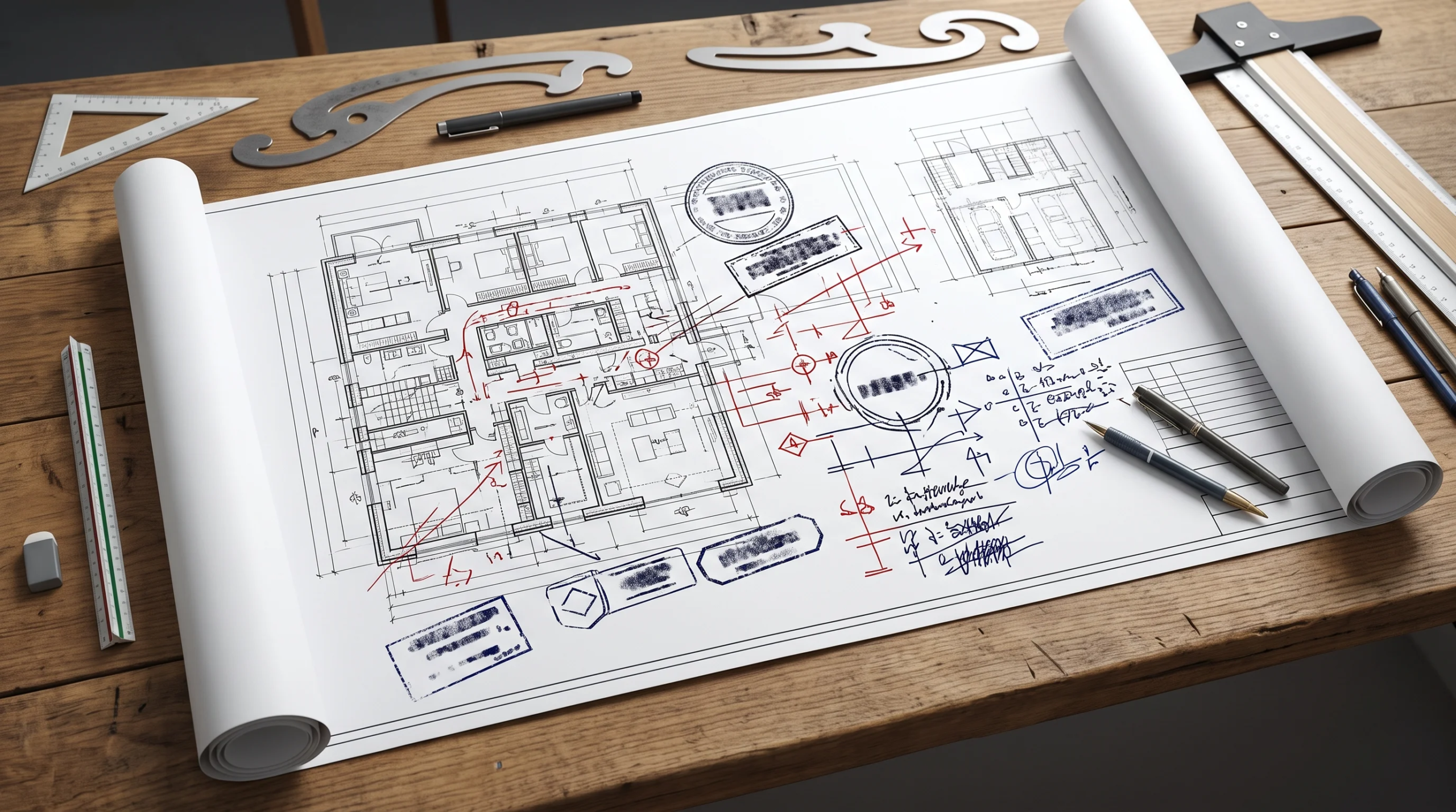 Vista de una revisión de cumplimiento de planos arquitectónicos, auditoría de circulación espacial con marcas de corrección (redline), verificación de sellos regulatorios y cuadrícula estructural con distribución MEP, representando el dominio normativo y la coordinación técnica de RBA Residences en Zapopan.