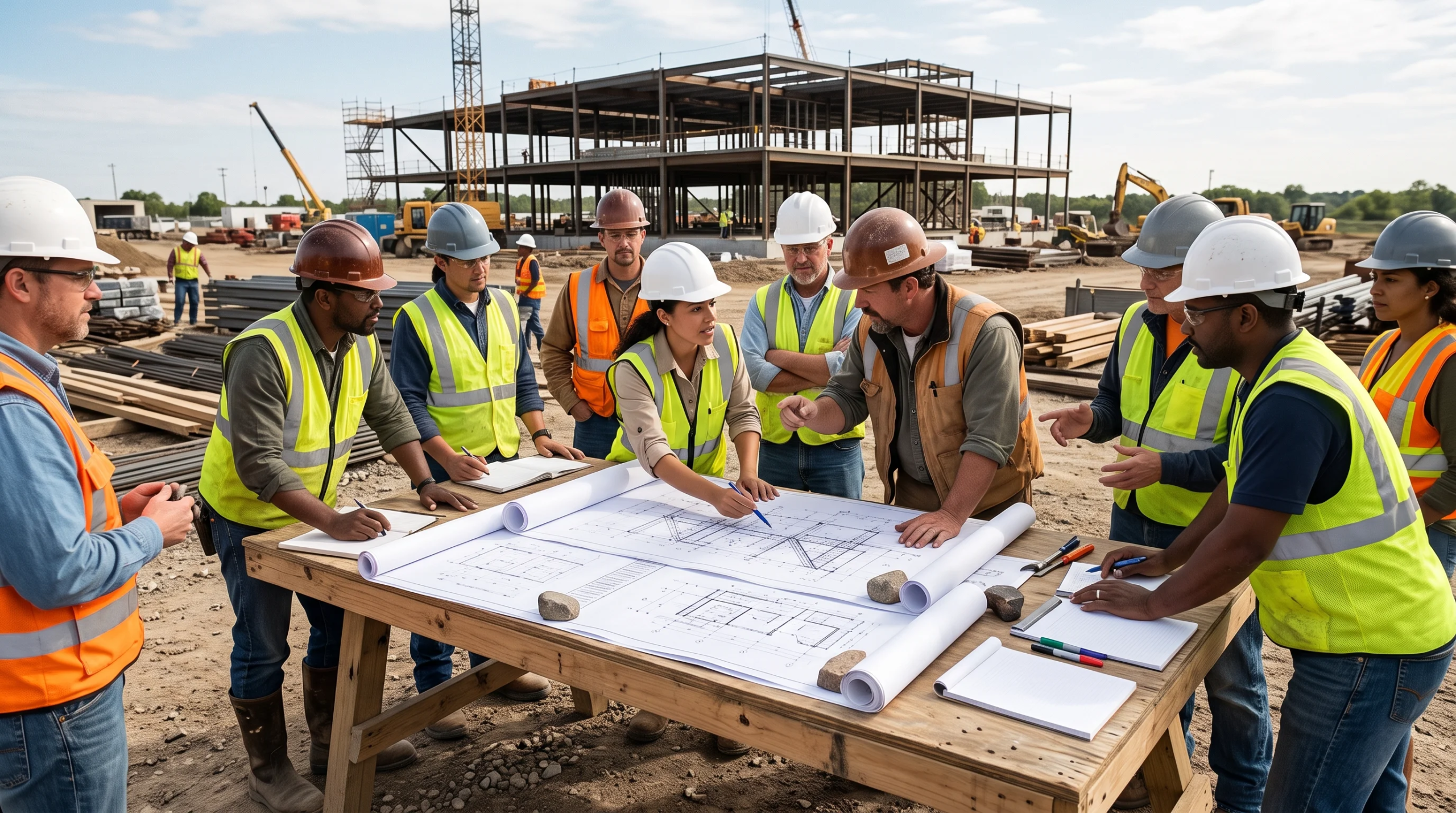 Vista de una revisión de alineación de ingeniería en un sitio de construcción activo, revisión de planos estructurales con múltiples partes interesadas y auditoría de seguridad y cumplimiento en el ensamblaje de la estructura de acero, representando el rigor en seguridad y coordinación en obra de RBA Residences en Zapopan.