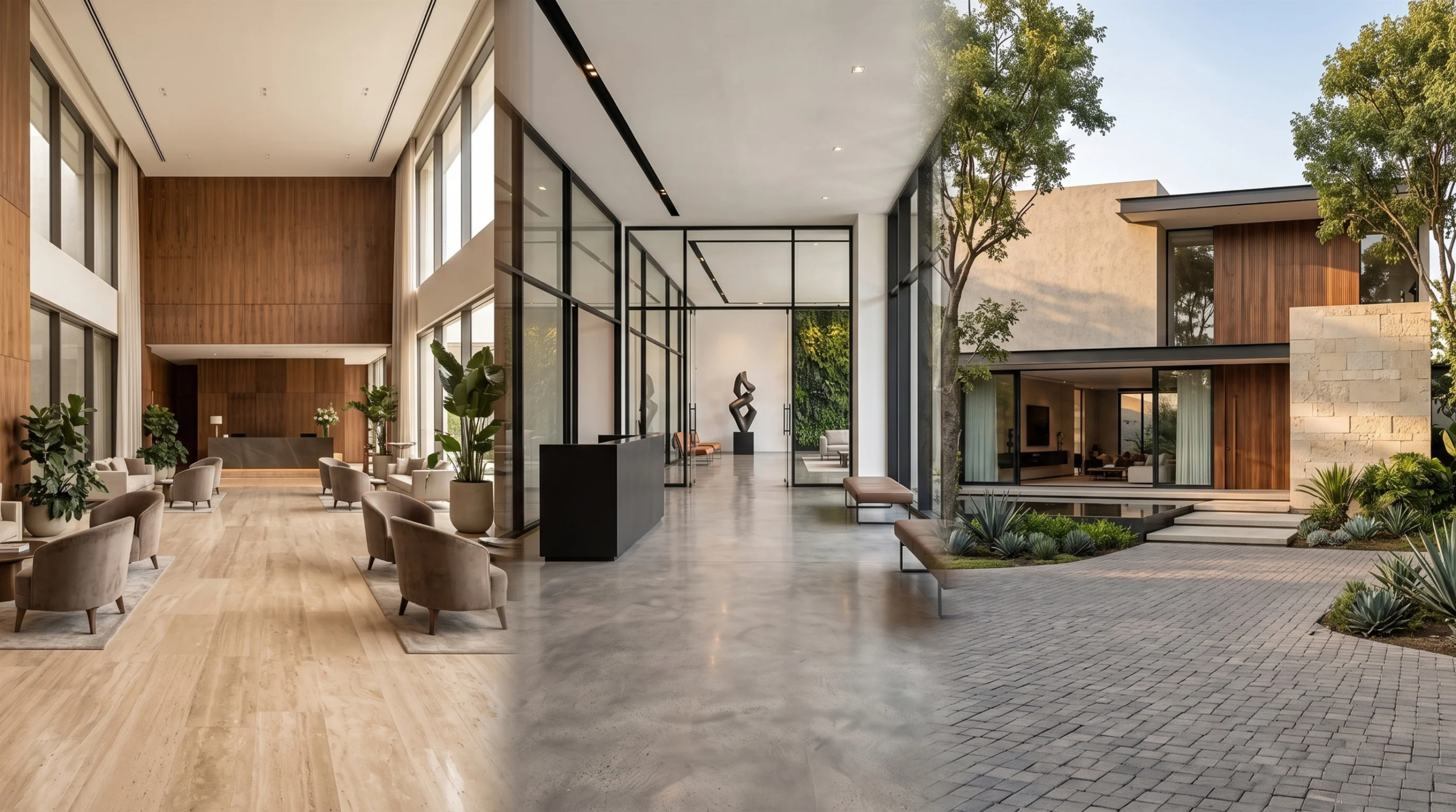 Vista de un tríptico de tres paneles que yuxtapone espacios arquitectónicos de lujo: un vestíbulo de doble altura con paneles de nogal y piso de piedra caliza a la izquierda, un atrio de oficina contemporáneo minimalista con pisos de concreto pulido y divisiones de vidrio con marco de acero en el centro, y un exterior residencial desértico moderno con entrada pavimentada, muro de piedra natural y paisajismo integrado a la derecha, versatilidad de diseño de RBA Residences en Zapopan.