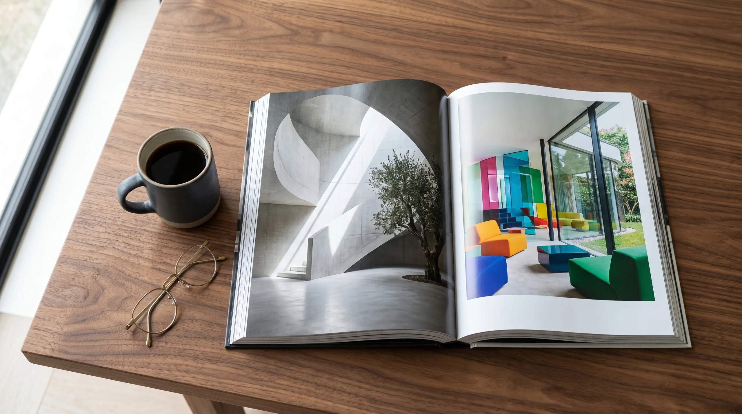 Vista de ángulo alto en primer plano de un libro de fotografía de arquitectura de tapa dura abierto sobre una superficie de madera de nogal, acompañado de una taza de café de cerámica oscura y gafas de armazón metálico. La página abierta contrasta un patio escultural de concreto aparente con un árbol a la izquierda, contra un interior moderno vibrante con muebles de colores primarios y ventanales a la derecha, inspiración curada de RBA Residences en Zapopan.