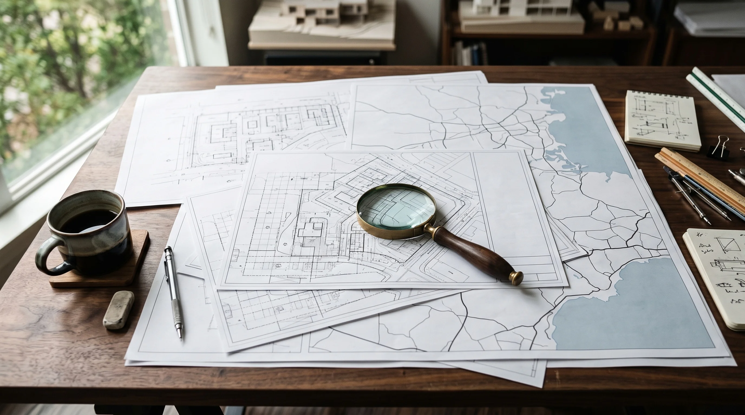 Vista cenital de un escritorio de arquitecto con mapas de análisis de sitio, planos de planta y diseños de zonificación regional sobre una superficie de madera oscura, con una lupa de latón, lápices de dibujo, cuadernos y una taza de café de cerámica, dominio normativo y planificación urbana de RBA Residences en Zapopan.
