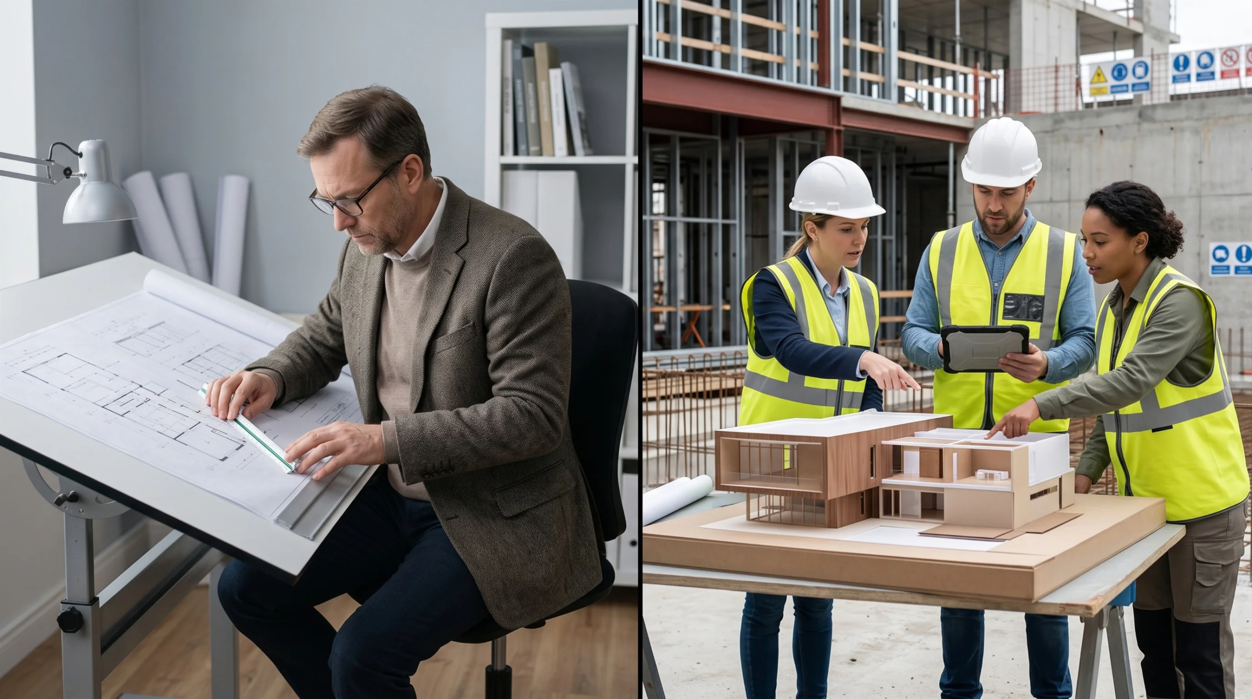 Vista de composición dividida que contrasta el dibujo de planos de planta en una mesa de dibujo inclinada con regla de escala triangular a la izquierda, junto a ingenieros de construcción con chalecos de alta visibilidad y cascos analizando una maqueta arquitectónica física y una tableta en un sitio de construcción activo a la derecha, traducción fiel del diseño a la obra de RBA Residences en Zapopan.