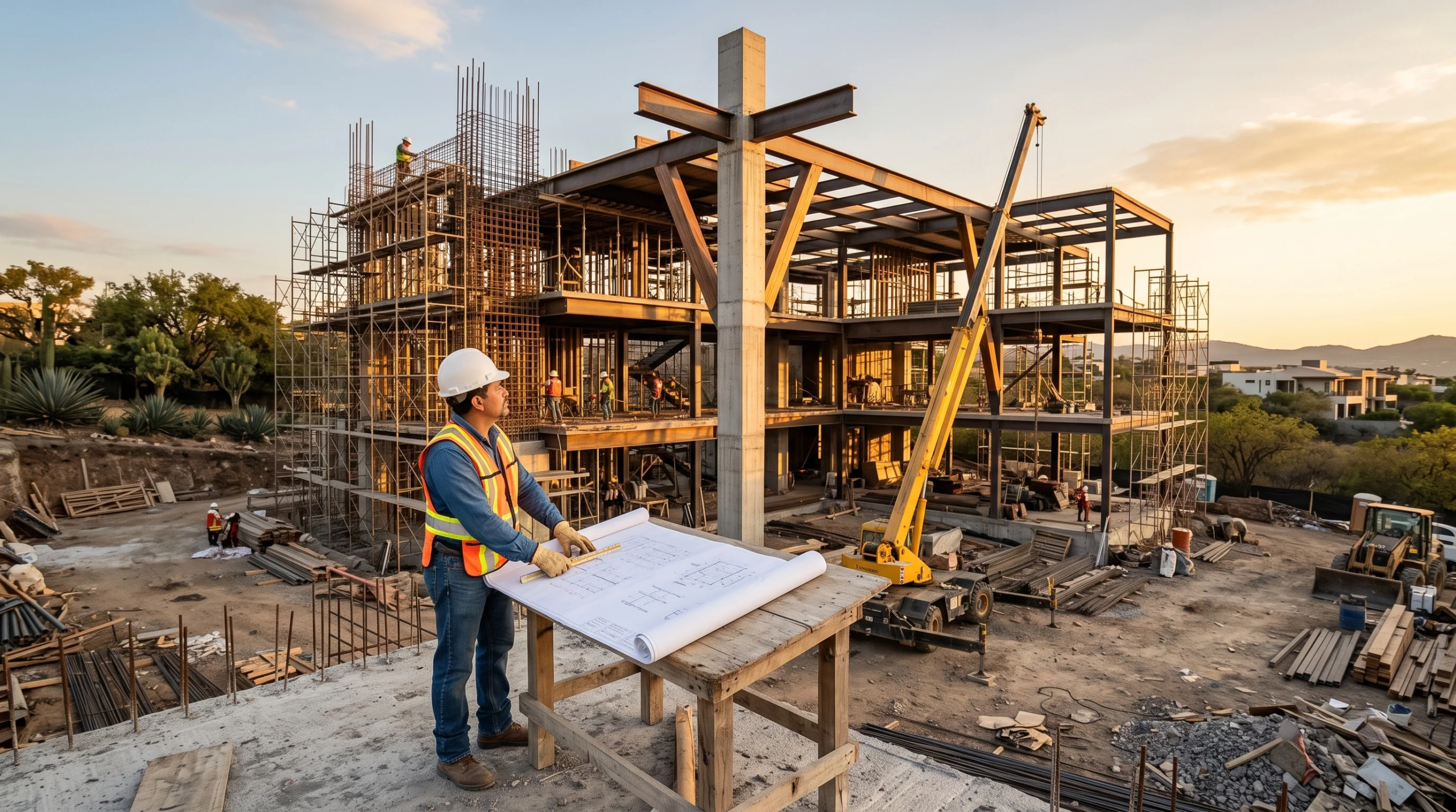 Vista de un supervisor de obra revisando grandes planos arquitectónicos sobre una mesa de trabajo de madera frente a una estructura residencial de acero y concreto de varios pisos durante la luz del atardecer, con andamios y una grúa móvil en el sitio, supervisión de estructuras a gran escala de RBA Residences en Zapopan.