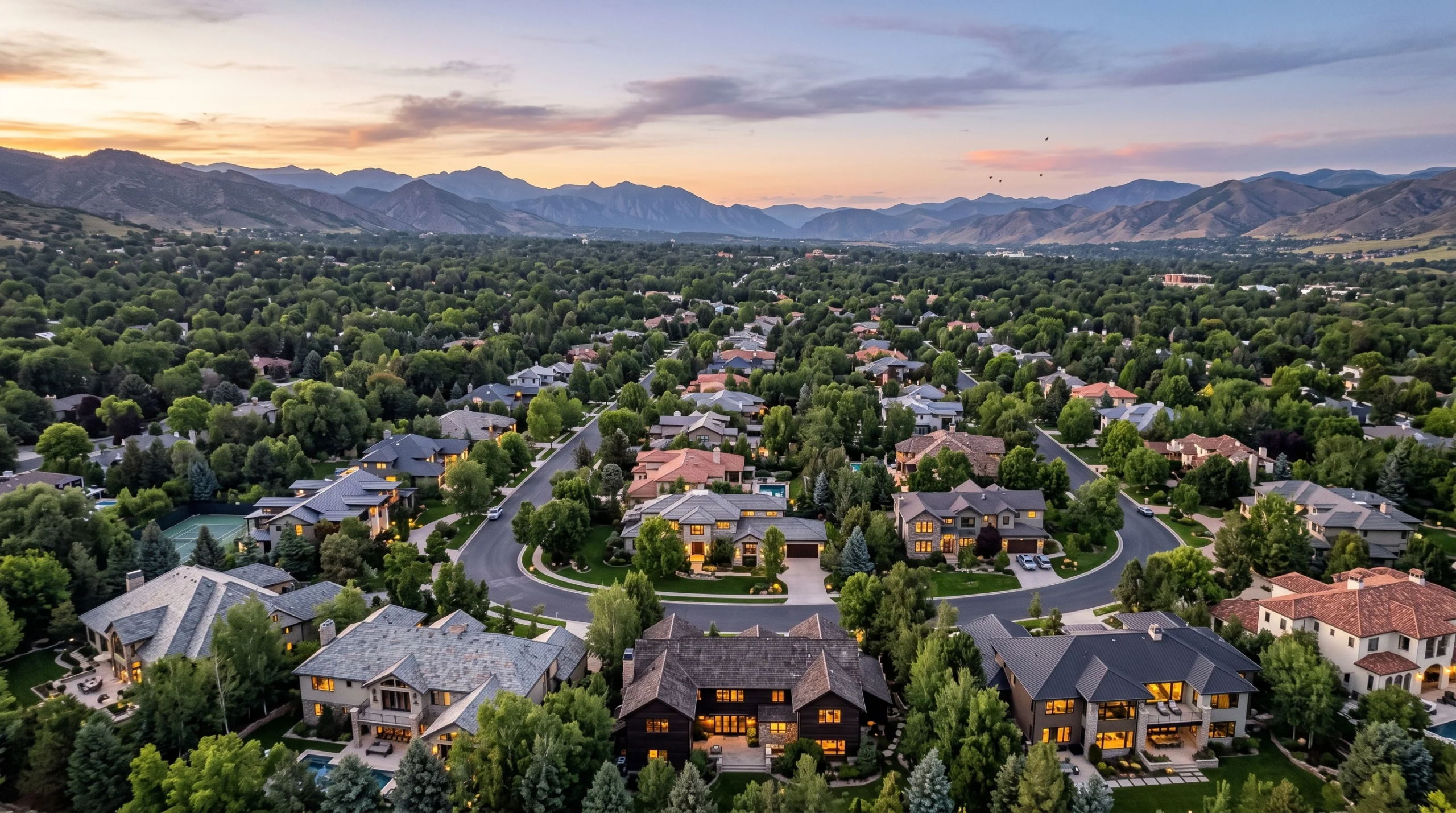 Vista aérea de gran angular desde una altura elevada de un desarrollo residencial exclusivo en un valle suburbano al atardecer, rodeado de árboles maduros frondosos y con un telón de fondo de cordilleras montañosas distantes, ubicación privilegiada y entorno natural de RBA Residences en Zapopan.