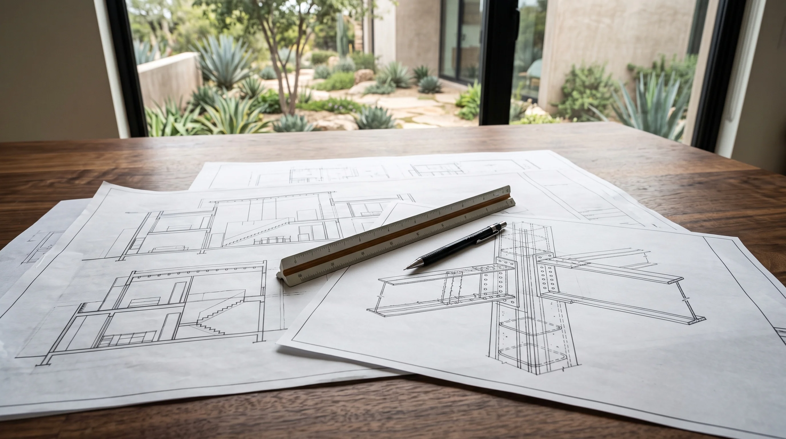Vista de dibujos de elevación arquitectónica, esquemas de secciones de construcción y detalles de conexión de acero estructural extendidos sobre una mesa de madera maciza, junto a un lápiz mecánico de dibujo y una regla de escala de arquitecto, frente a un ventanal de piso a techo con vista a un jardín de patio desértico, precisión técnica y documentación de RBA Residences en Zapopan.