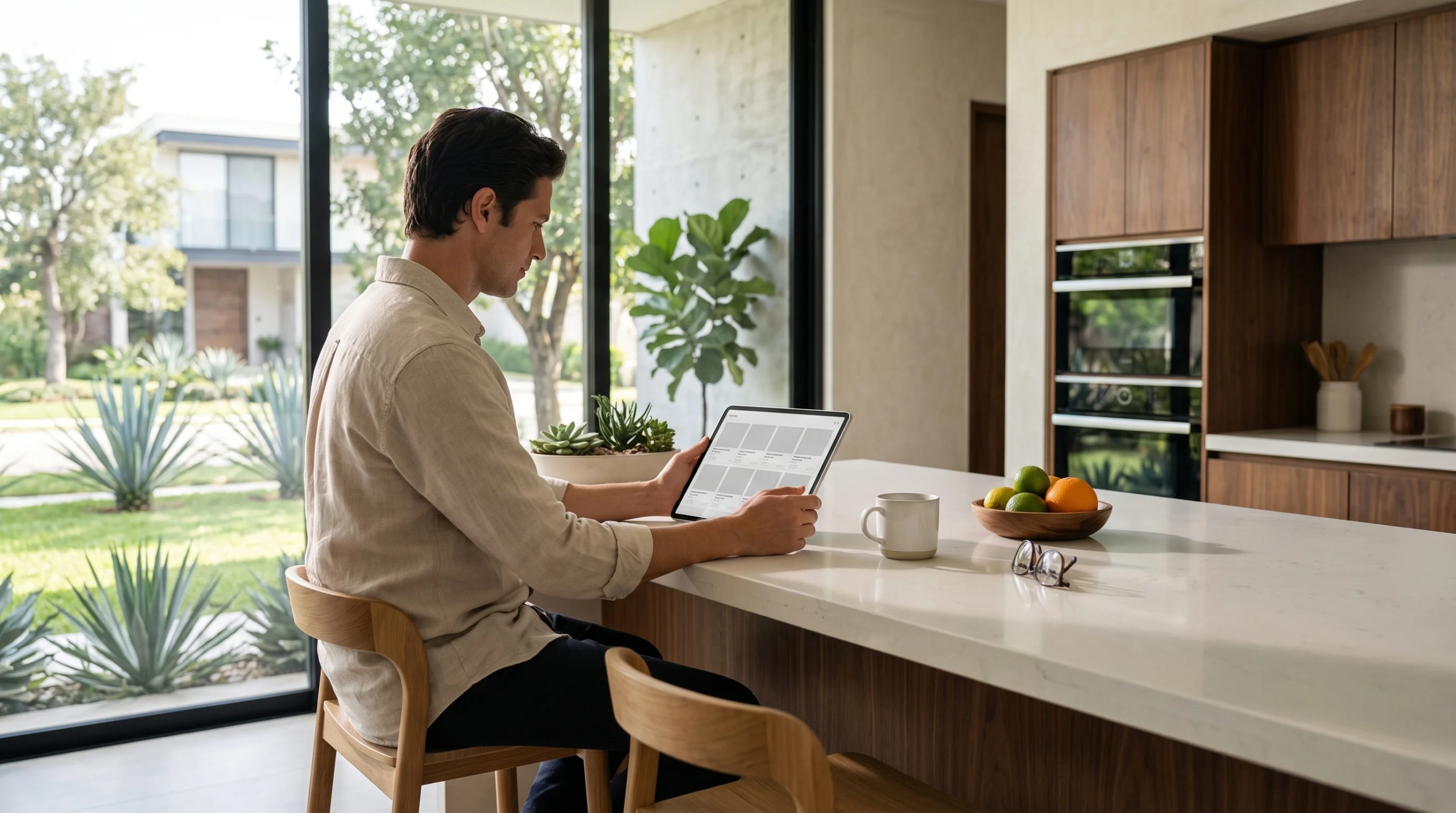 Vista de perfil de un hombre sentado en una isla de cocina de cuarzo blanco sosteniendo una tableta digital, en una casa moderna con gabinetes de nogal, hornos empotrados y ventanales de piso a techo con vista a un jardín desértico paisajístico, integración de estilo de vida y tecnología de RBA Residences en Zapopan.