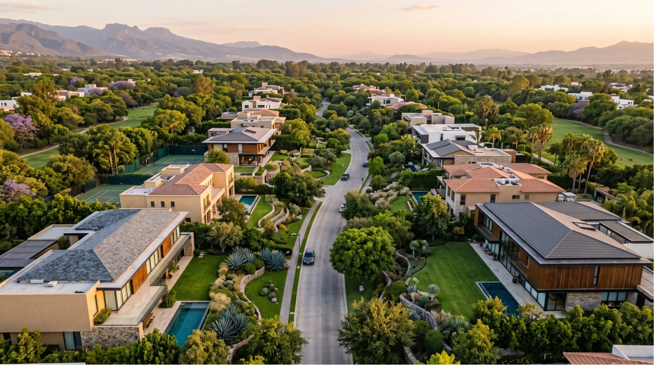 Vista aérea de gran angular de un exclusivo enclave residencial que serpentea a lo largo de una carretera pavimentada, destacando mansiones modernas de lujo en el desierto con albercas privadas, césped impecable y canchas de tenis con un telón de fondo montañoso, estilo de vida exclusivo de RBA Residences en Zapopan.