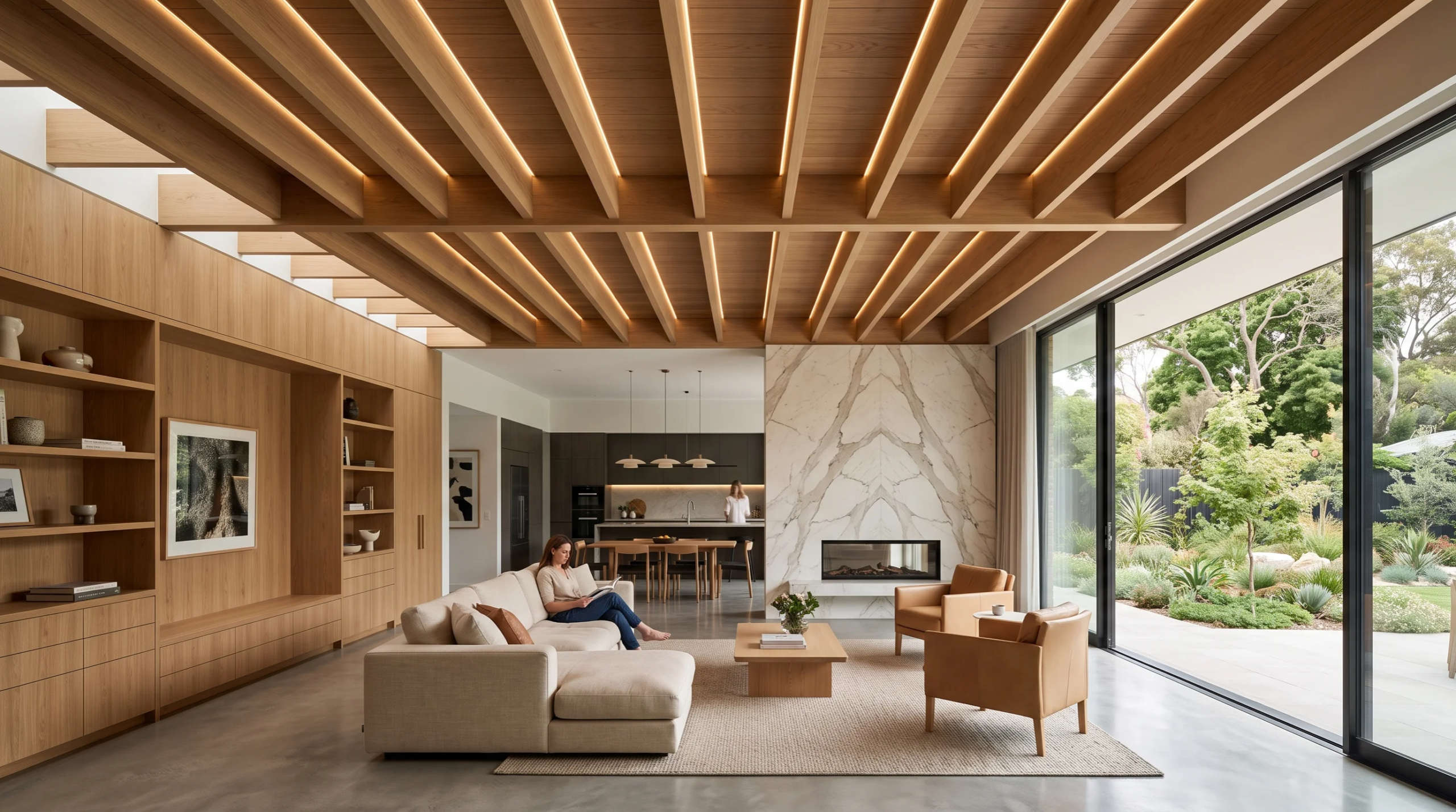 Vista de un espacio interior de sala de estar de lujo moderno con techo de listones de madera e iluminación lineal integrada, puertas de vidrio de piso a techo hacia un jardín, ebanistería de roble empotrada, pisos de concreto pulido y una chimenea revestida de mármol a libro, diseño sensorial de RBA Residences en Zapopan.