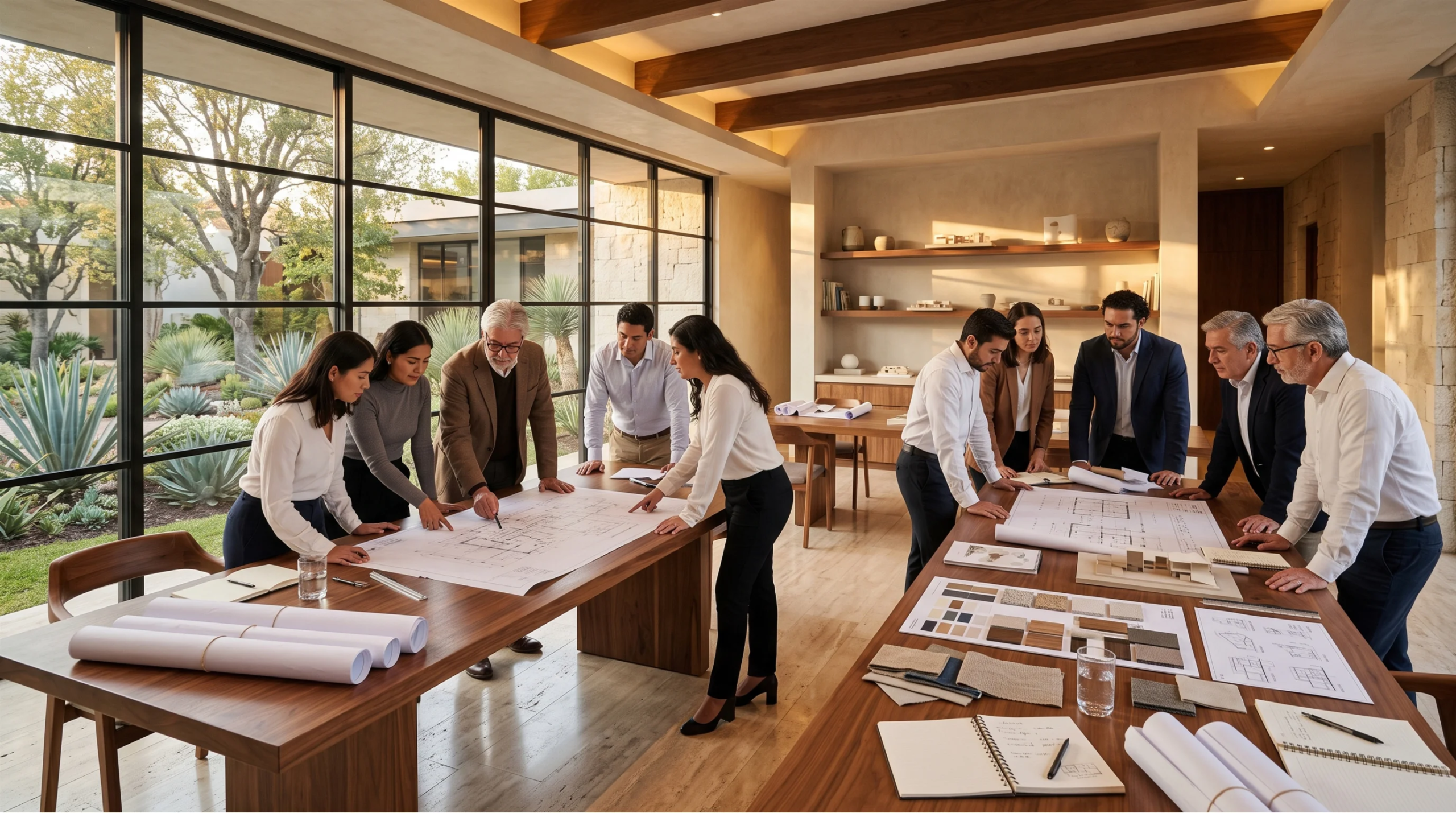 Vista de un equipo multidisciplinario de arquitectura e ingeniería colaborando en grandes mesas de conferencia de nogal dentro de una oficina moderna e iluminada con ventanales de piso a techo, revisando planos de gran formato, esquemas estructurales y muestras de materiales, sinergia de diseño integral de RBA Residences en Zapopan.