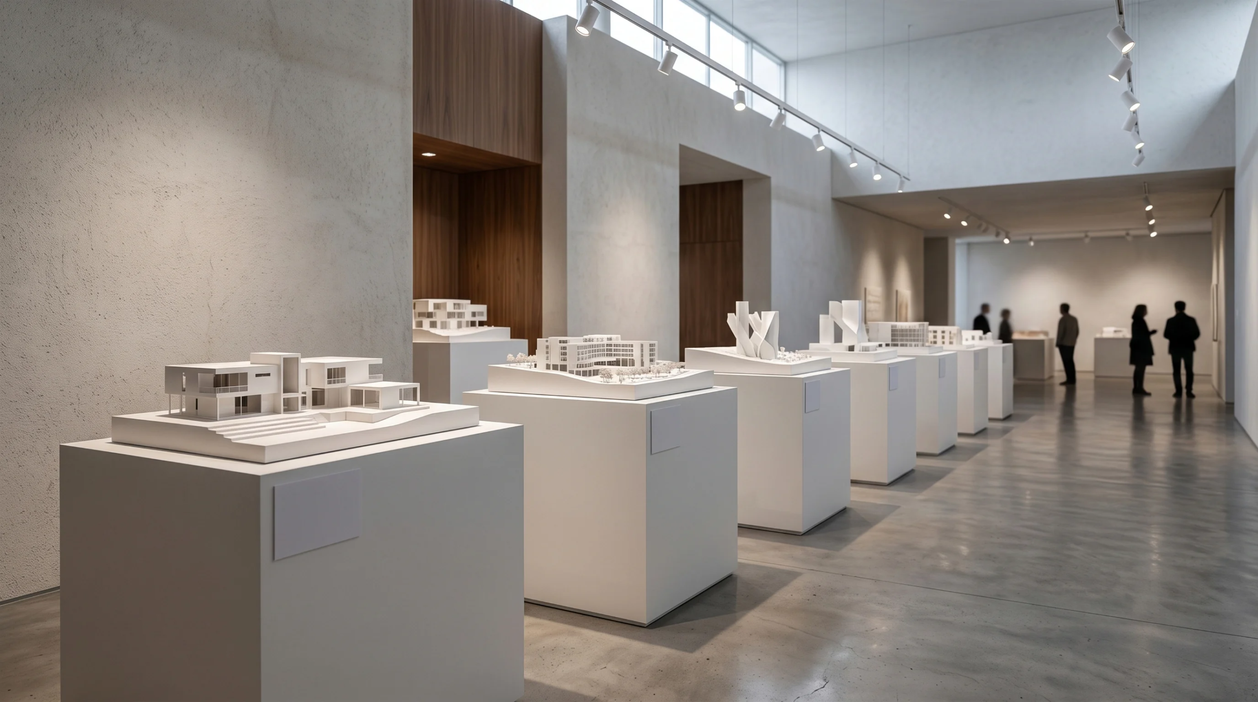 Vista de una galería arquitectónica minimalista que exhibe maquetas a escala de proyectos residenciales modernos sobre pedestales blancos a lo largo de un piso de concreto pulido, presentación curada de visiones de RBA Residences en Zapopan.