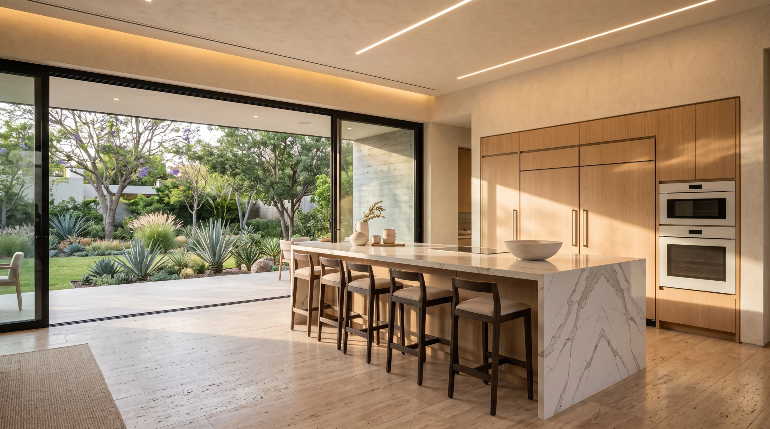 Vista de una cocina de lujo de concepto abierto con gabinetes de madera cálida, hornos dobles empotrados, iluminación lineal en el techo y una isla de mármol con efecto cascada y taburetes, que se abre mediante puertas corredizas de vidrio de piso a techo a un patio y jardín paisajístico, diseño culinario de RBA Residences en Zapopan.