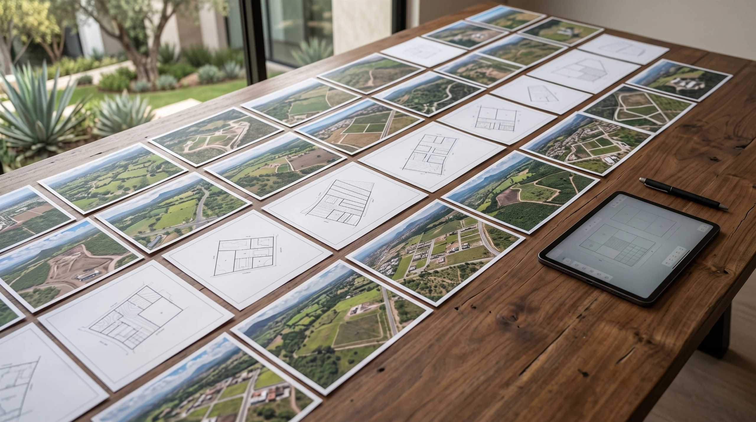 Vista de una cuadrícula sistemática de fotos aéreas de terrenos y planos esquemáticos de lotes distribuidos sobre una mesa de madera rústica, junto a una tableta que muestra planos del sitio y un bolígrafo, análisis estratégico de terrenos de RBA Residences en Zapopan.