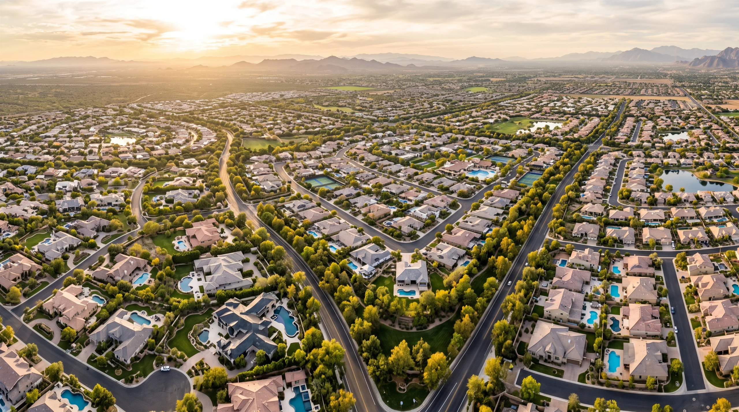 Vista panorámica aérea con dron a la hora dorada que muestra una expansiva comunidad residencial planificada rodeada por un terreno montañoso desértico, integración paisajística y visión macro de RBA Residences en Zapopan.