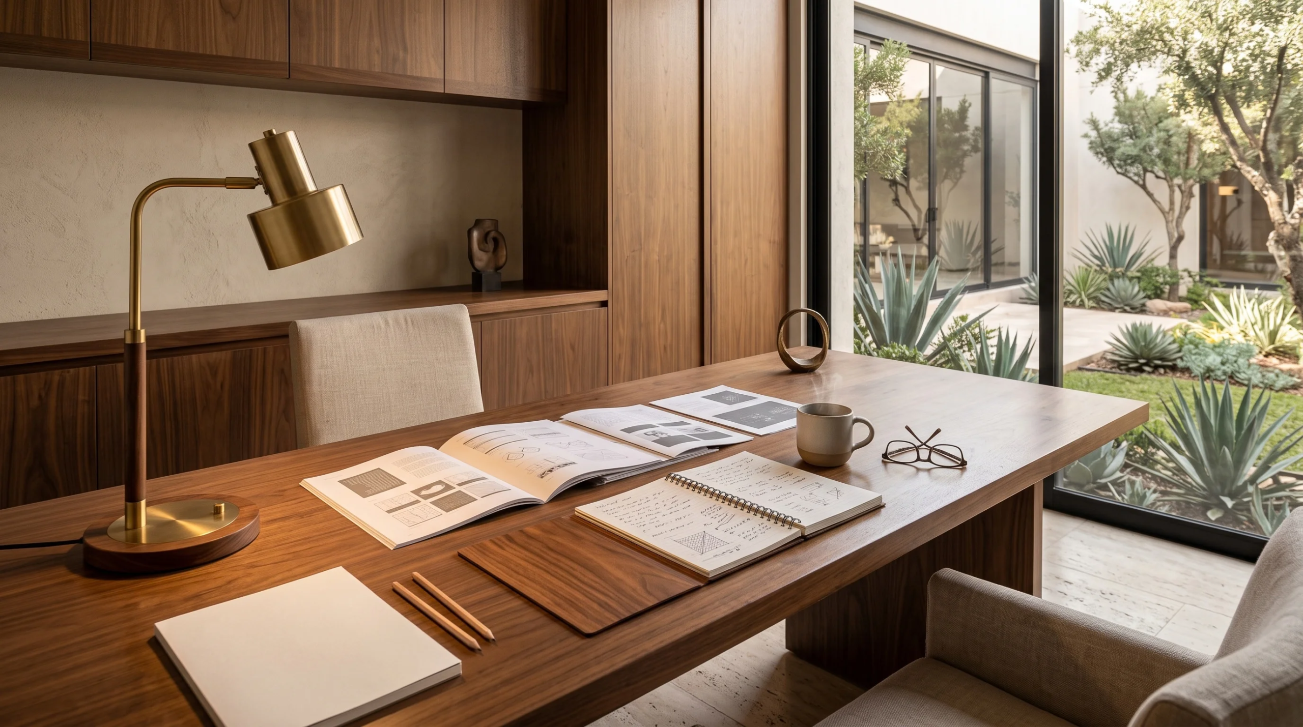 Vista de un espacio de oficina en casa ejecutiva con escritorio de nogal macizo, lámpara de latón, revistas técnicas, notas manuscritas y lentes, junto a ventanales de piso a techo con vista a un jardín privado, santuario intelectual de RBA Residences en Zapopan.