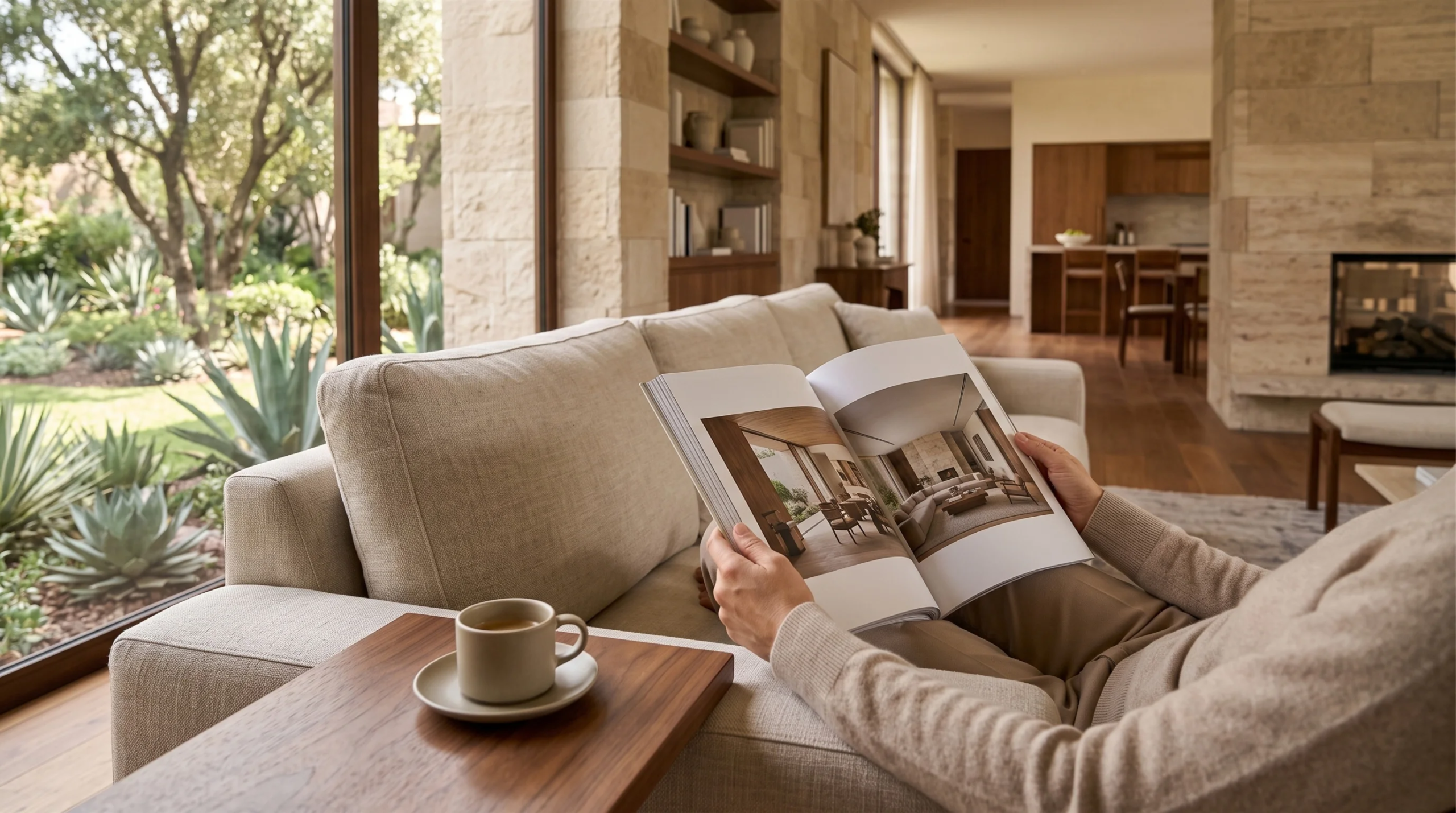 Vista de una persona relajada en un sofá de lino neutro, leyendo un libro de fotografía arquitectónica en una sala de estar soleada con ventanales de piso a techo, muros de piedra travertino, una chimenea y vistas a un exuberante jardín desértico, experiencia de bienestar y diseño de RBA Residences en Zapopan.
